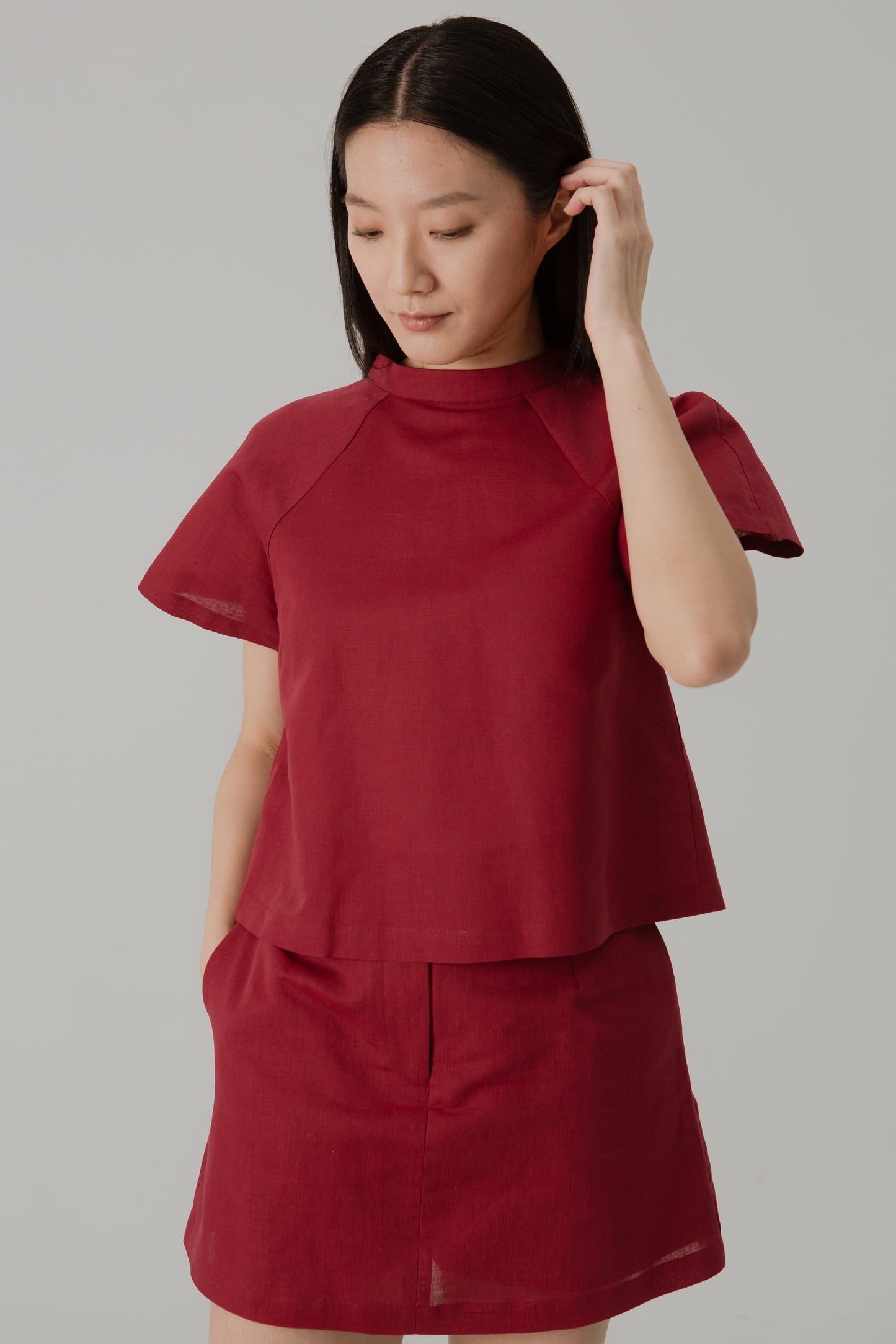 Stand Collar Blouse in Linen - Cherry