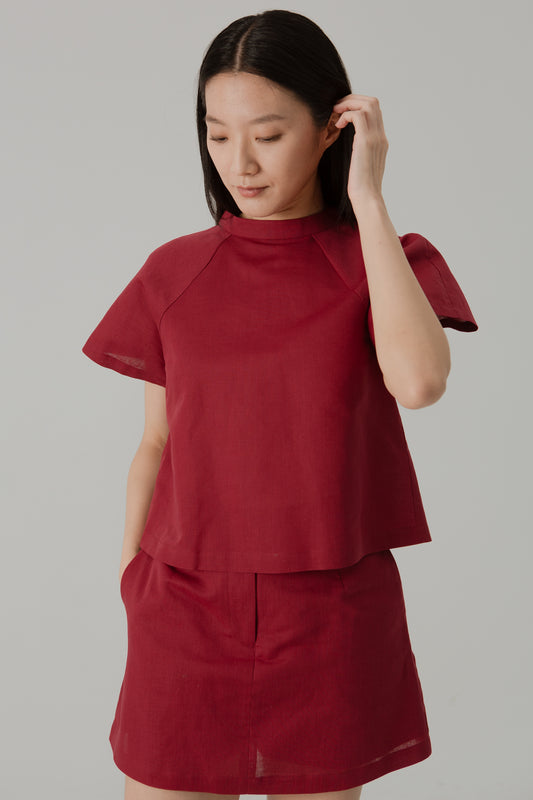 Stand Collar Blouse in Linen - Cherry