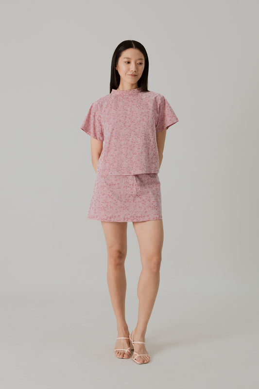 Mini A-Line Skorts in Floral Jacquard - Classic Red