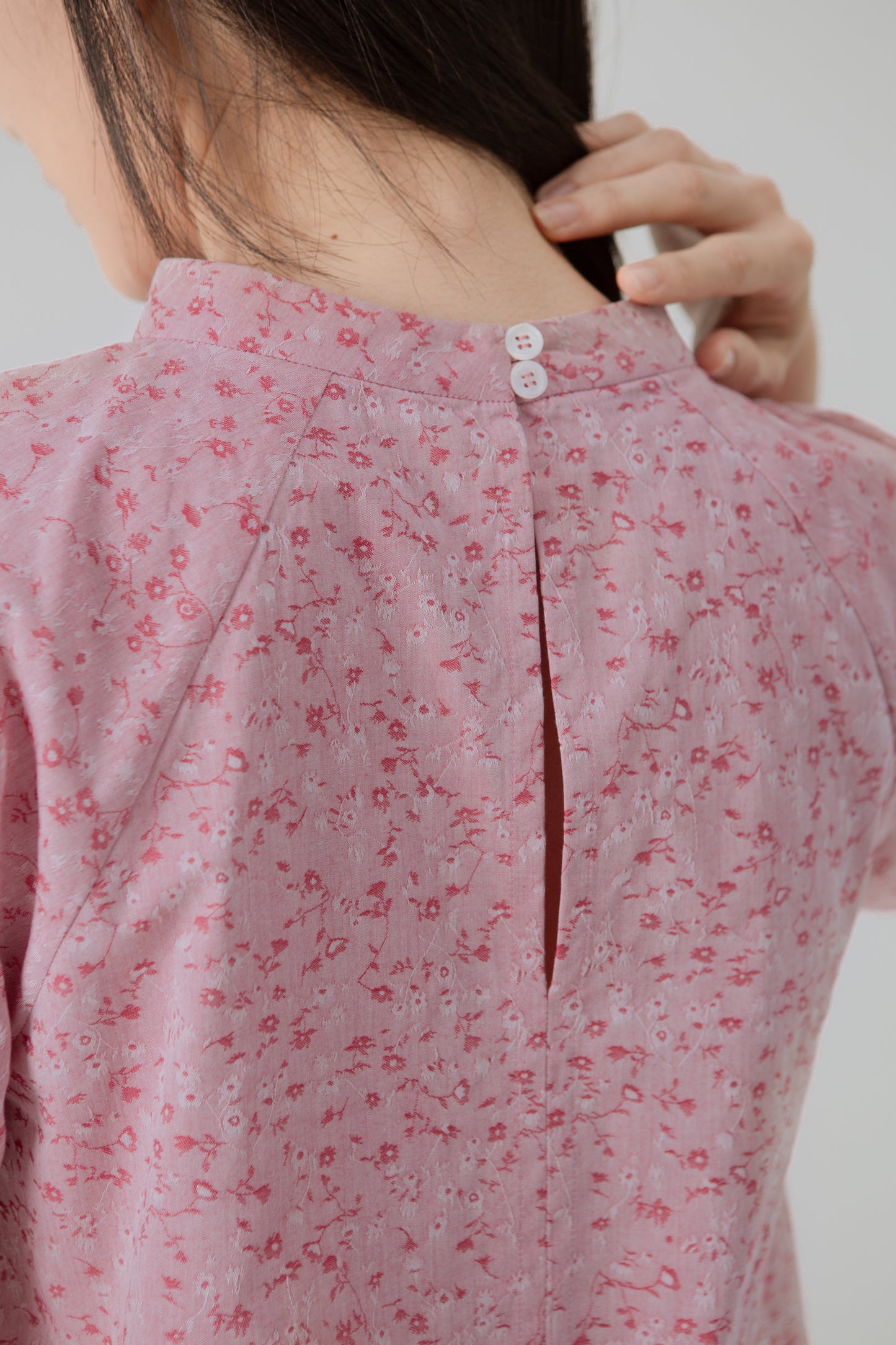 Stand Collar Blouse in Floral Jacquard - Classic Red