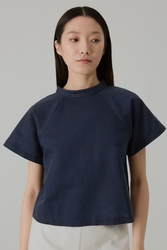 Stand Collar Blouse in Linen - Midnight