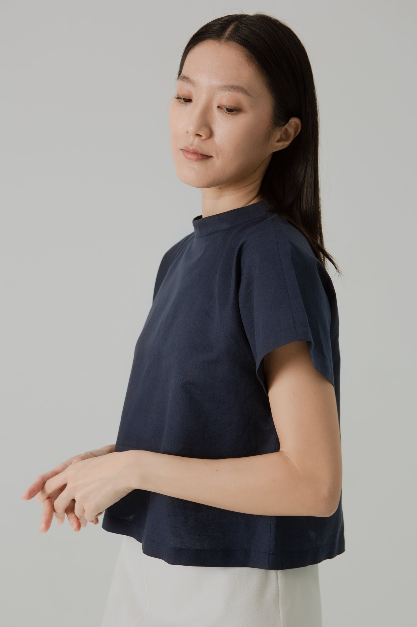 Stand Collar Blouse in Linen - Midnight