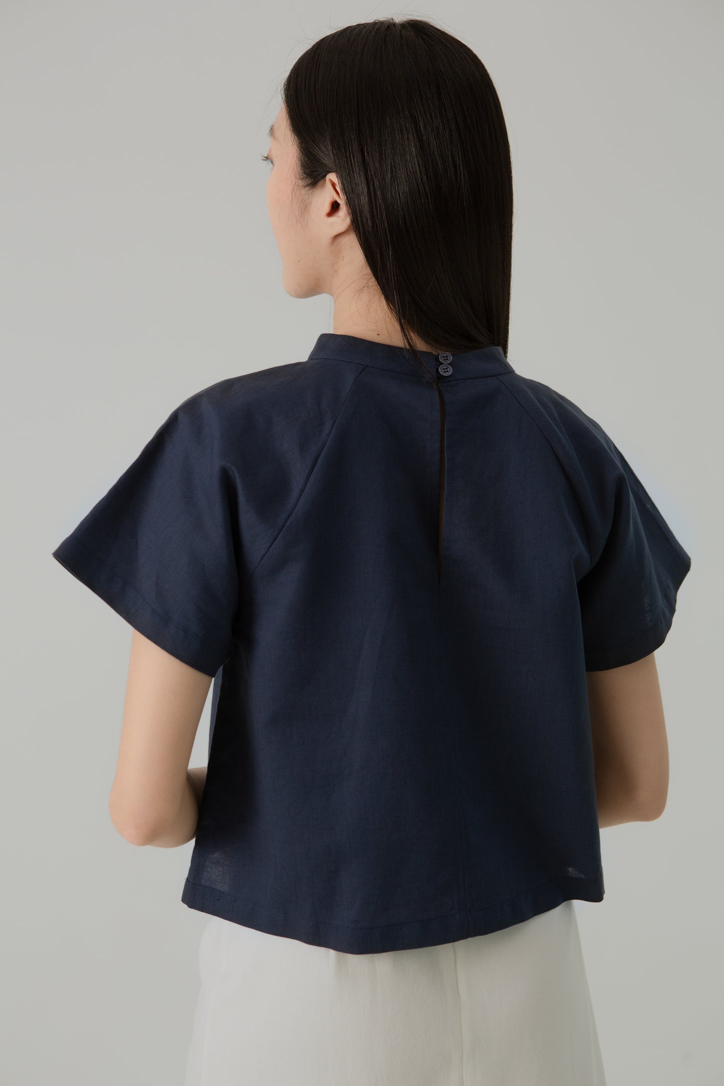 Stand Collar Blouse in Linen - Midnight