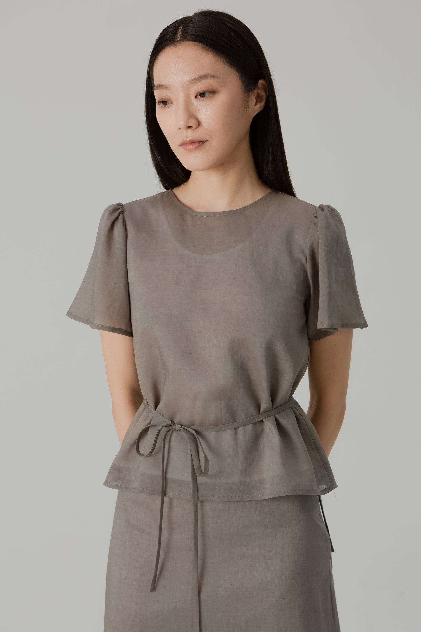 Aire Blouse with Flutter Sleeves - Taupe