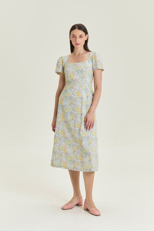 Scoop Neck A-line Tea Dress - Citrus Bloom