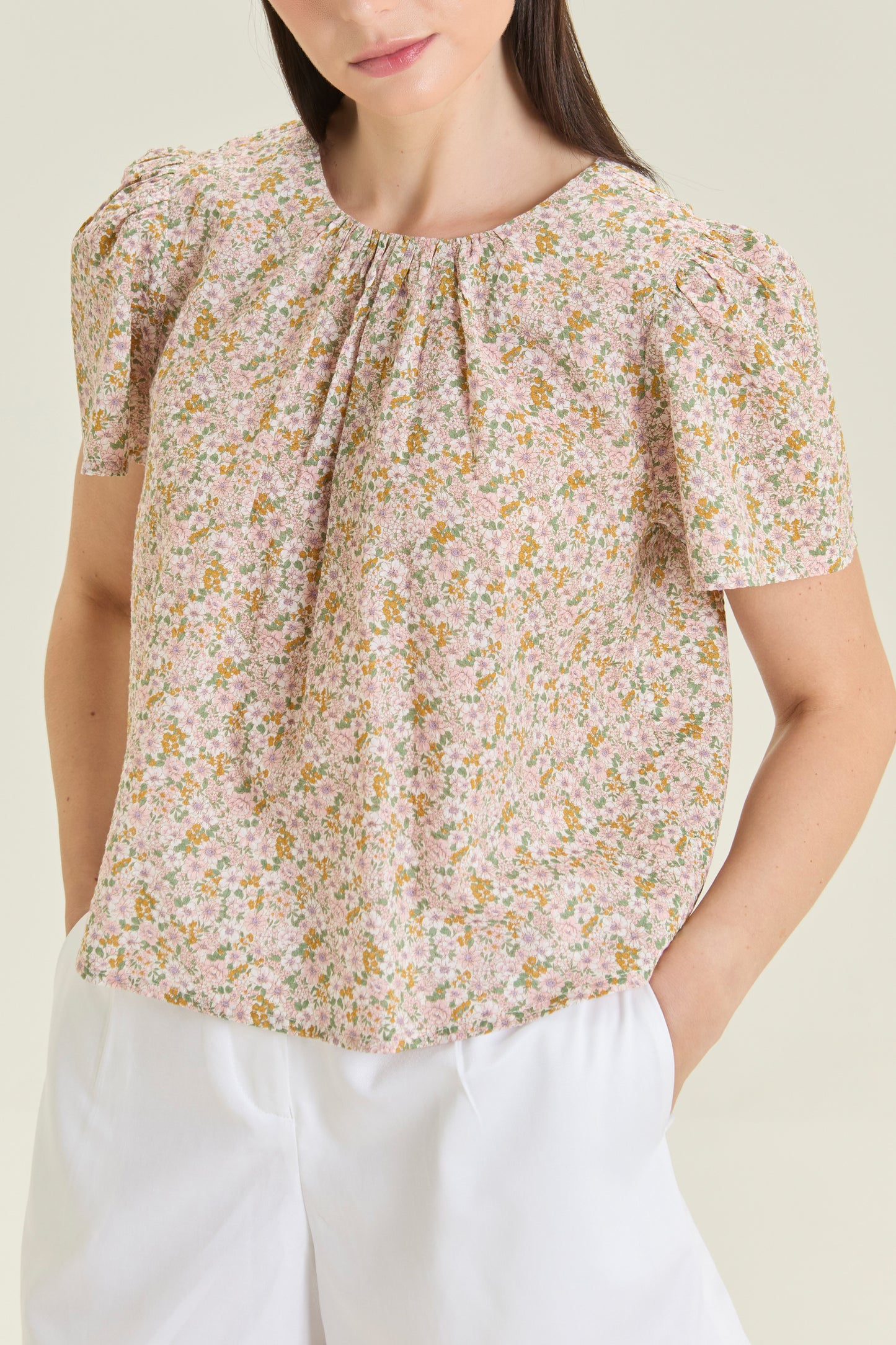 Weekend Gathered Blouse - Blush Garden