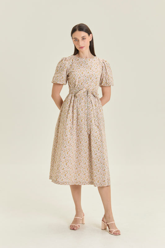 Puff Sleeved Wrap Tea Dress - Blush Garden