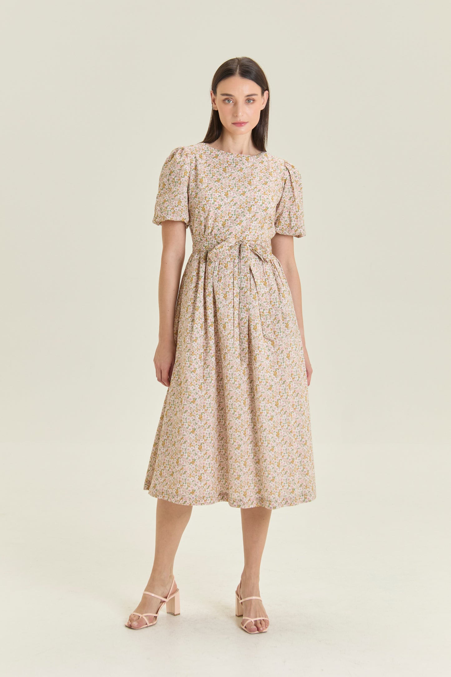 Puff Sleeved Wrap Tea Dress - Blush Garden