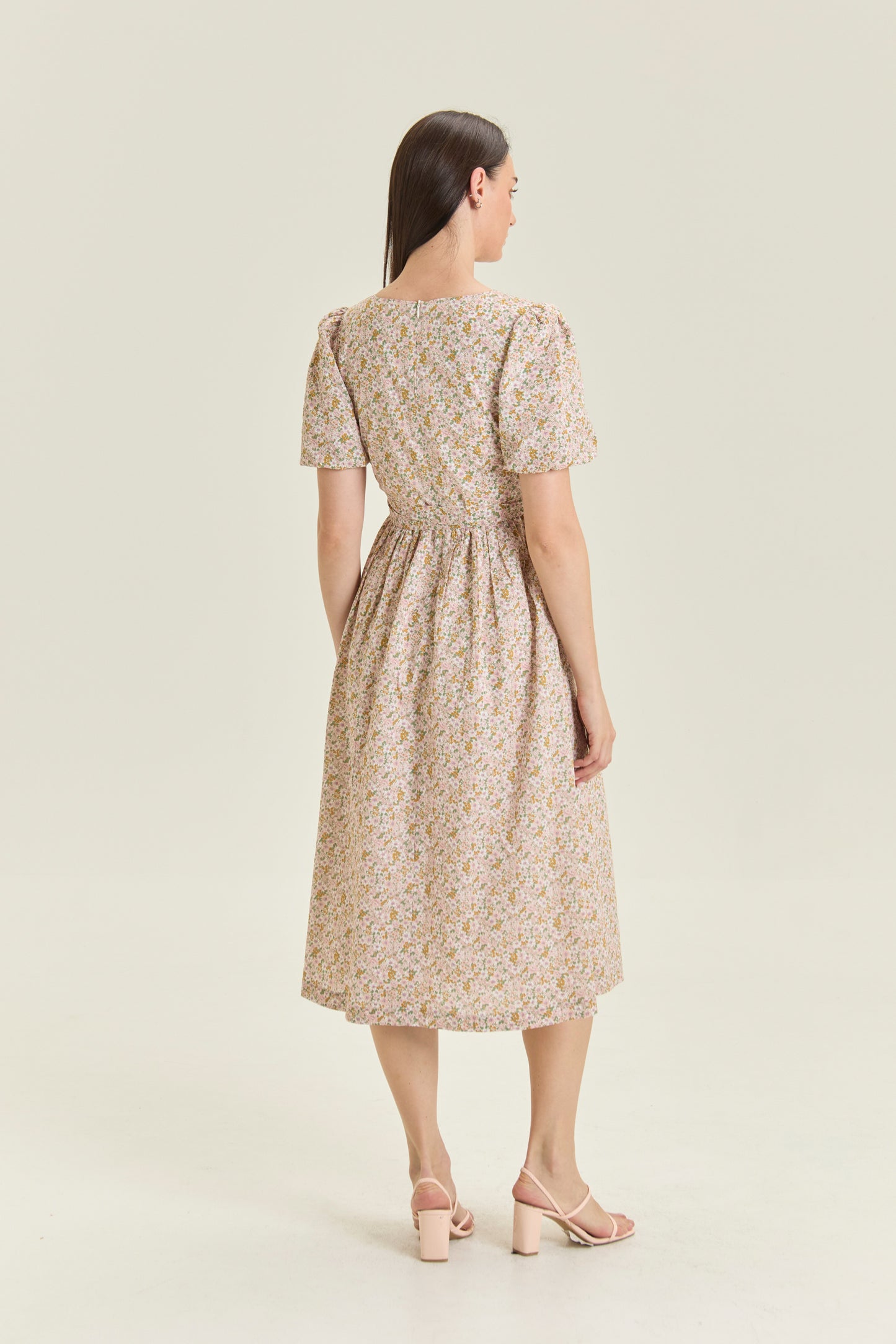 Puff Sleeved Wrap Tea Dress - Blush Garden