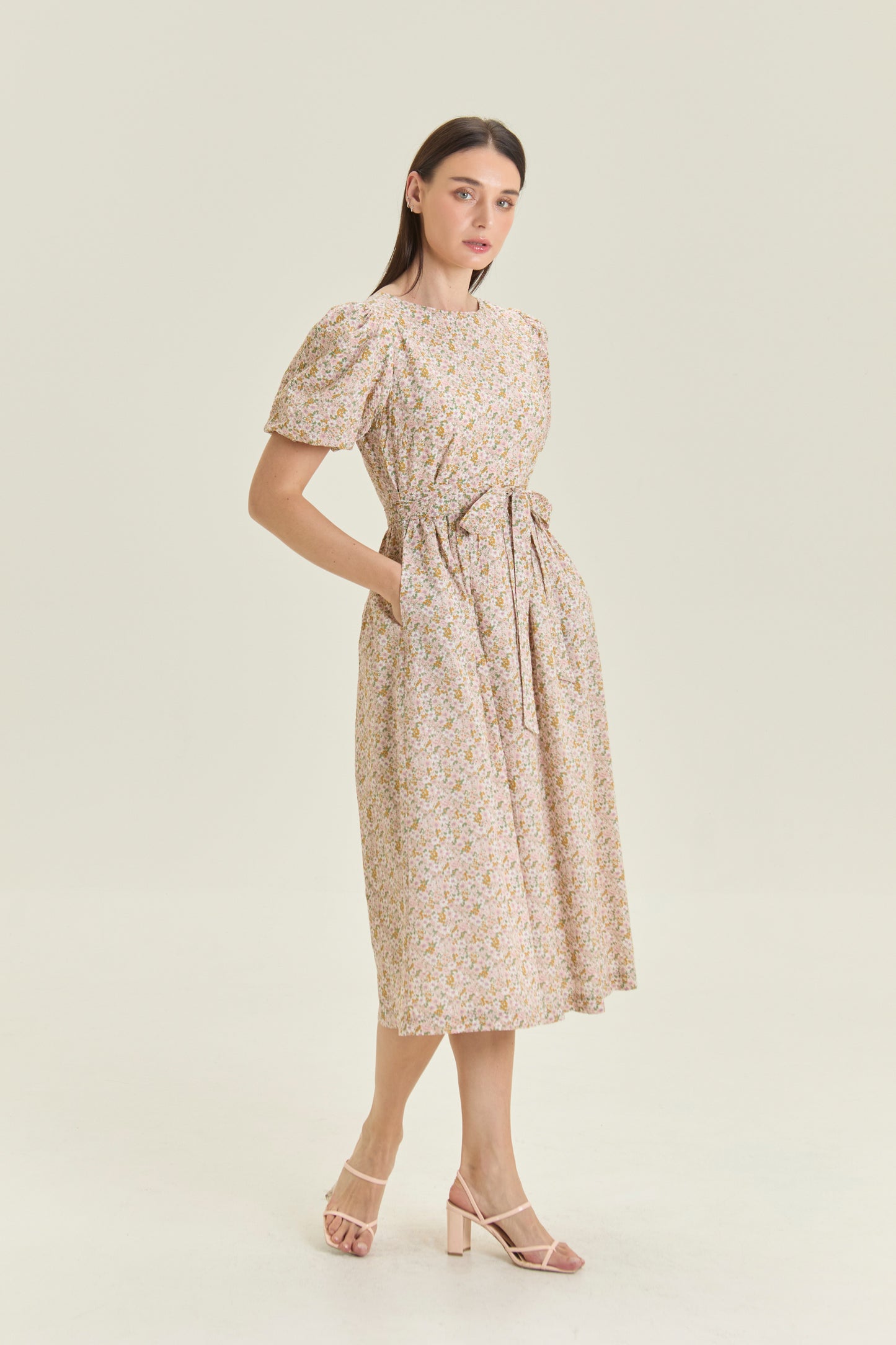 Puff Sleeved Wrap Tea Dress - Blush Garden