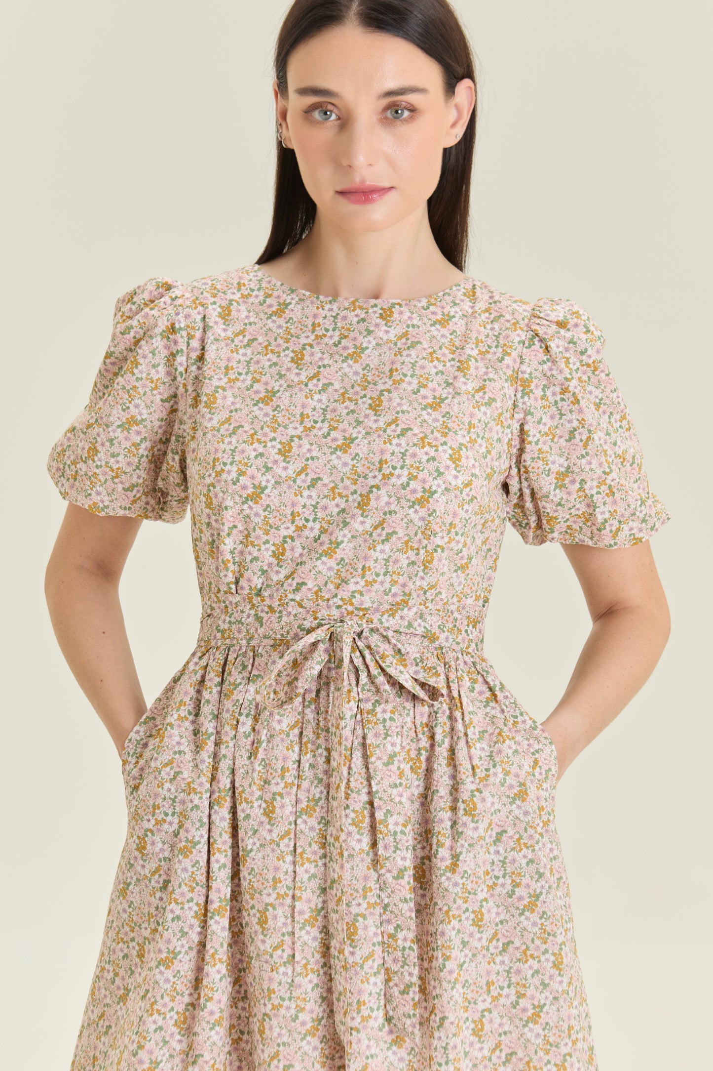 Puff Sleeved Wrap Tea Dress - Blush Garden