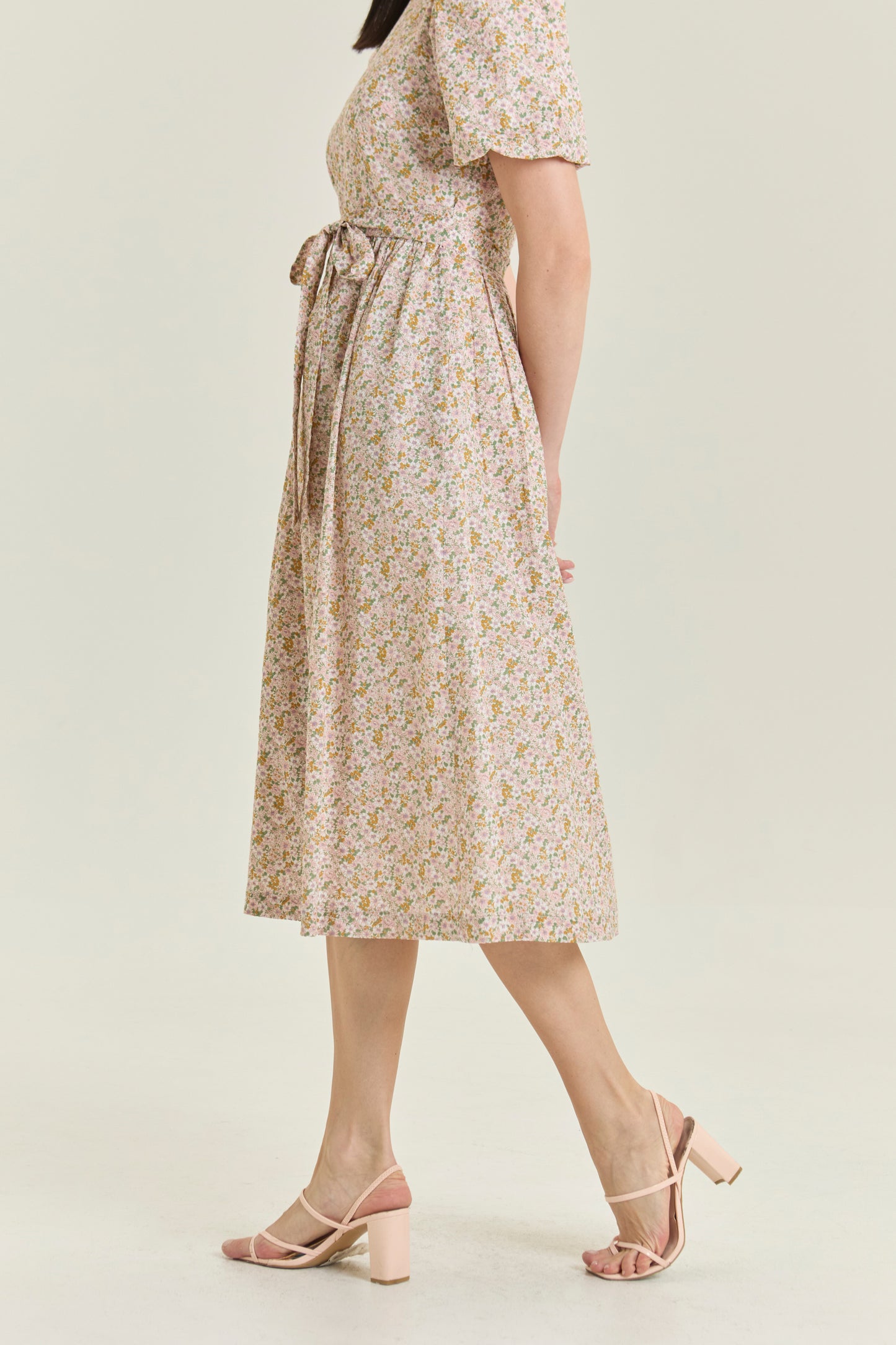 Puff Sleeved Wrap Tea Dress - Blush Garden