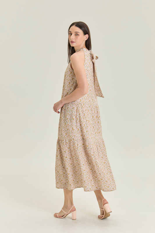 ⁠⁠Tie-ribbon Halter Maxi Dress - Blush Garden
