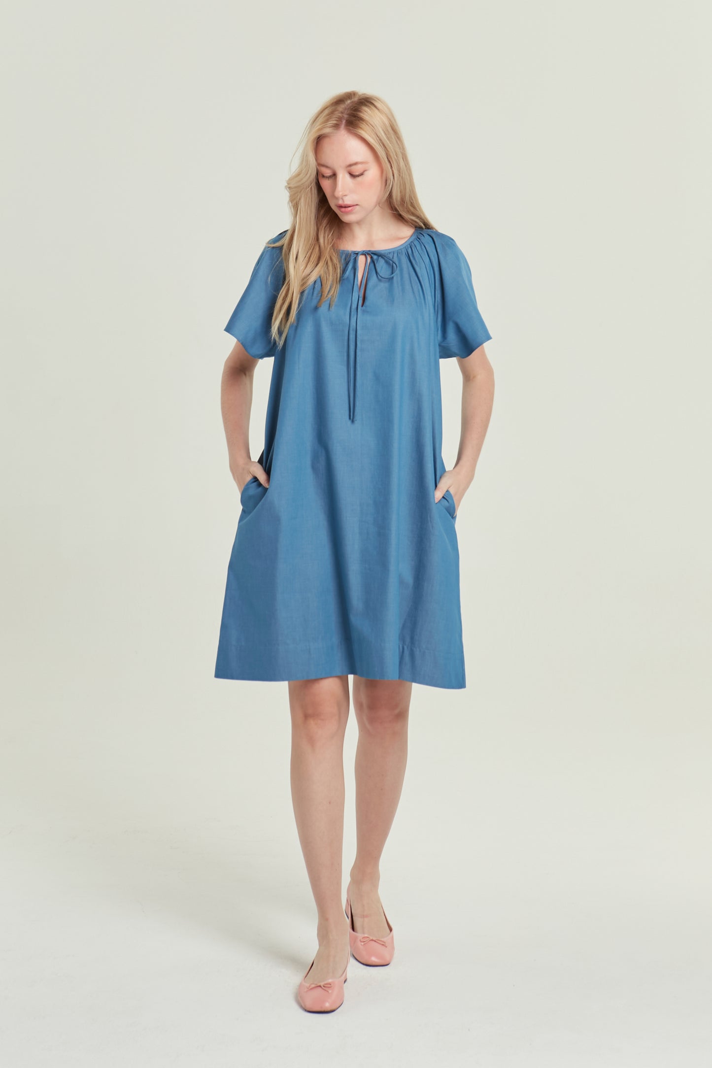 Denim Tie-Ribbon Tent Dress - Light Wash
