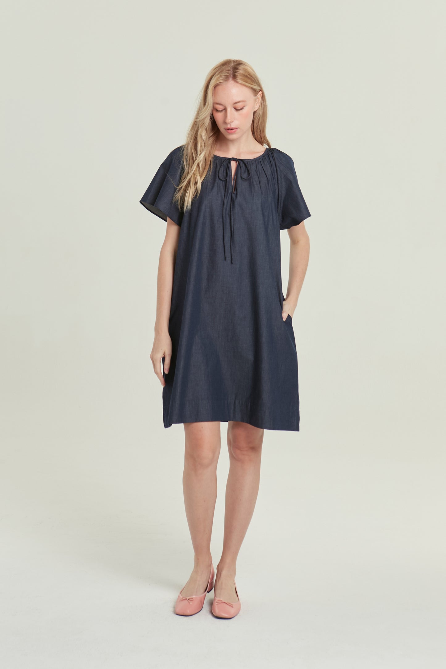 Denim Tie-Ribbon Tent Dress - Dark Wash