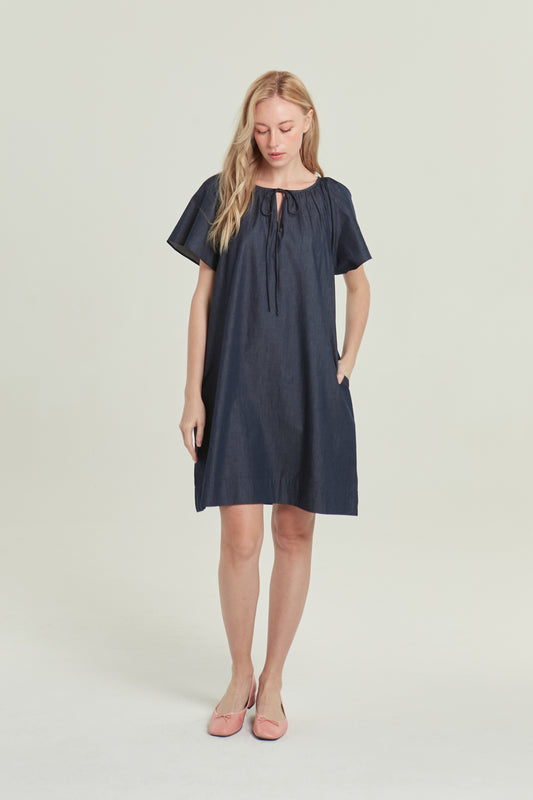 Denim Tie-Ribbon Tent Dress - Dark Wash