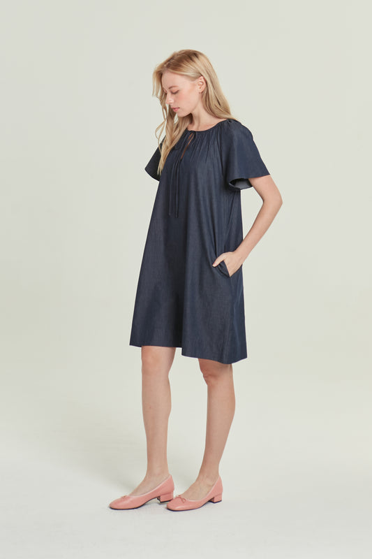 Denim Tie-Ribbon Tent Dress - Dark Wash