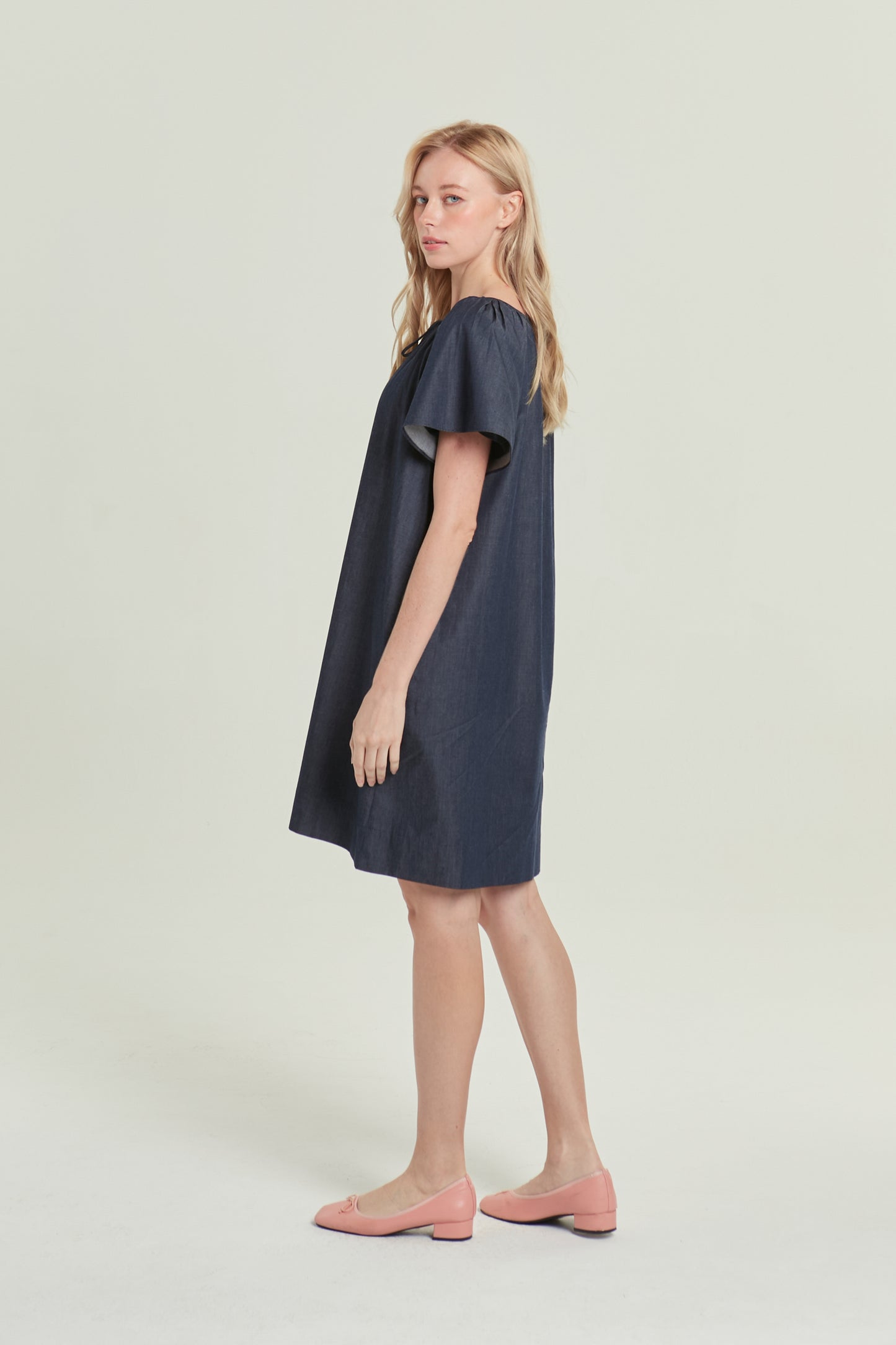 Denim Tie-Ribbon Tent Dress - Dark Wash