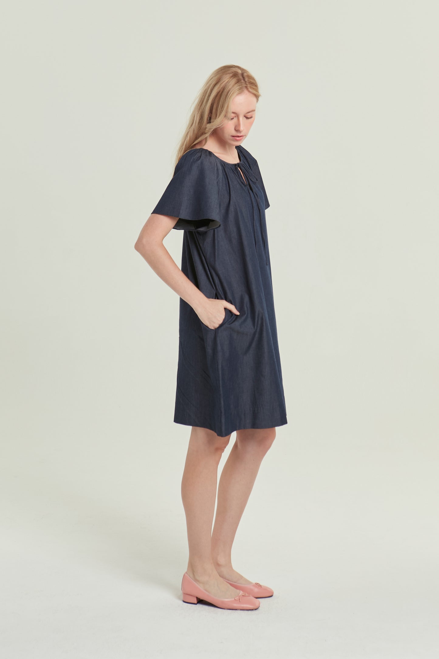 Denim Tie-Ribbon Tent Dress - Dark Wash