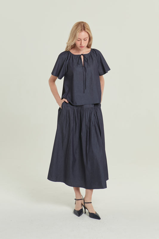 Denim Tie-Ribbon Weekend Blouse - Dark Wash