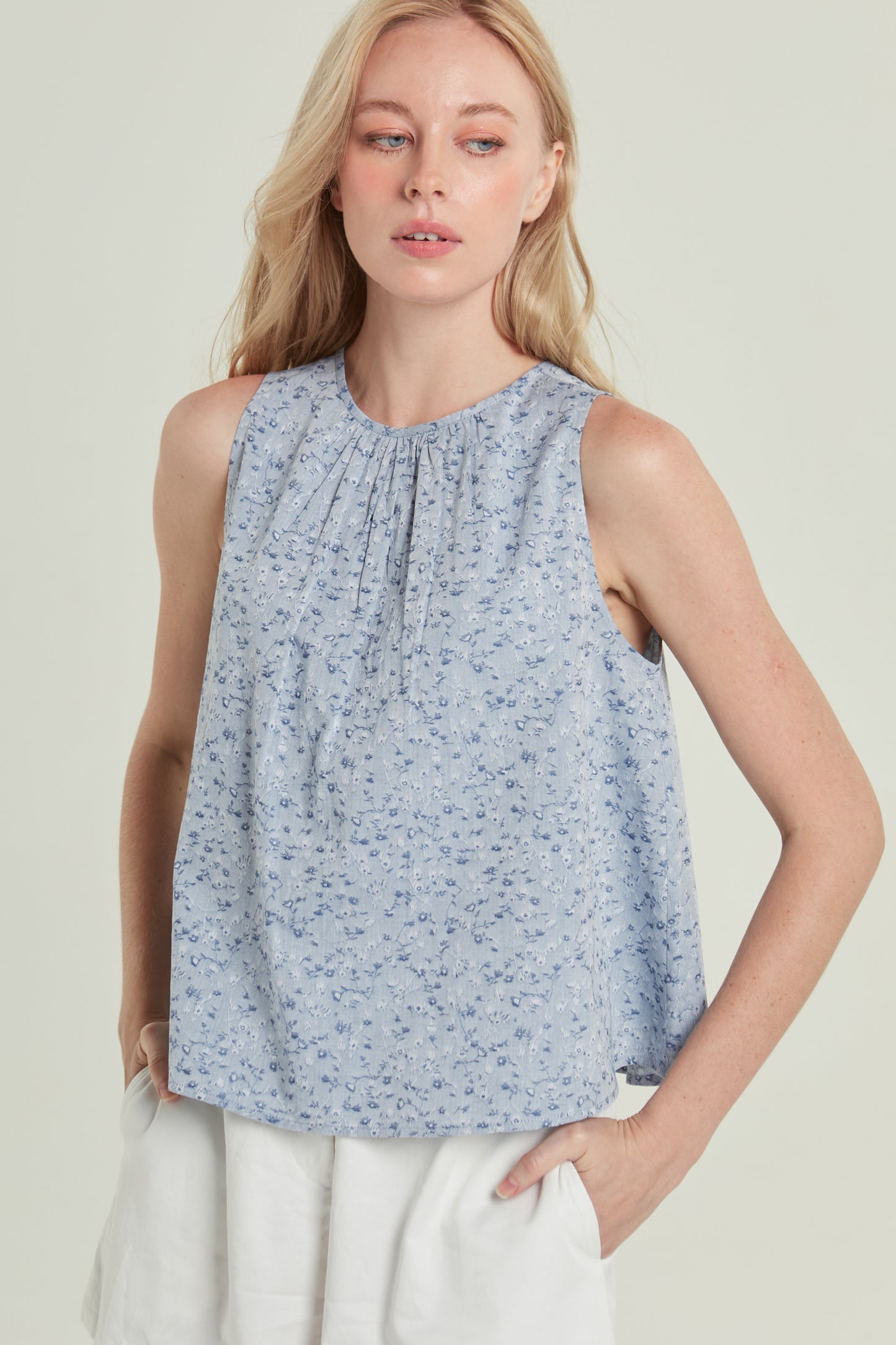 Tie-back Ruched Blouse in Floral Jacquard - Blue China
