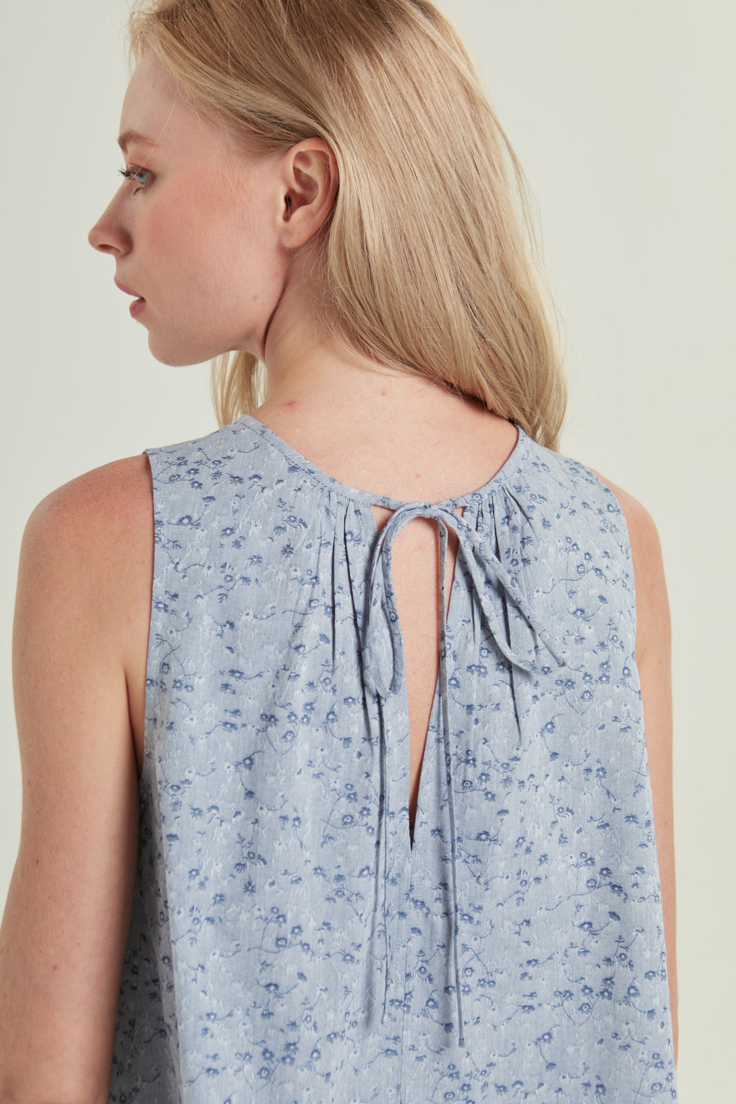 Tie-back Ruched Blouse in Floral Jacquard - Blue China