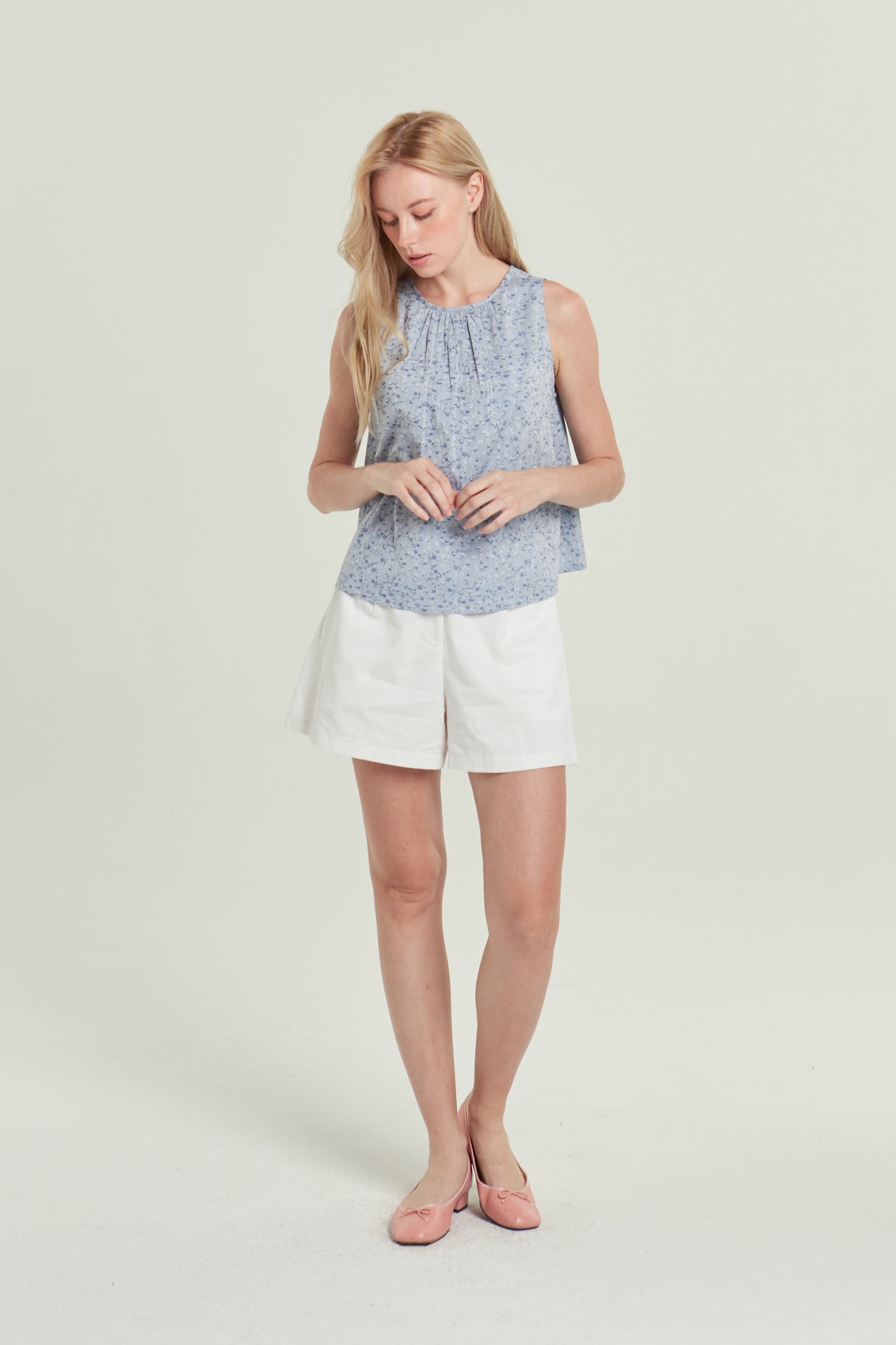 Tie-back Ruched Blouse in Floral Jacquard - Blue China