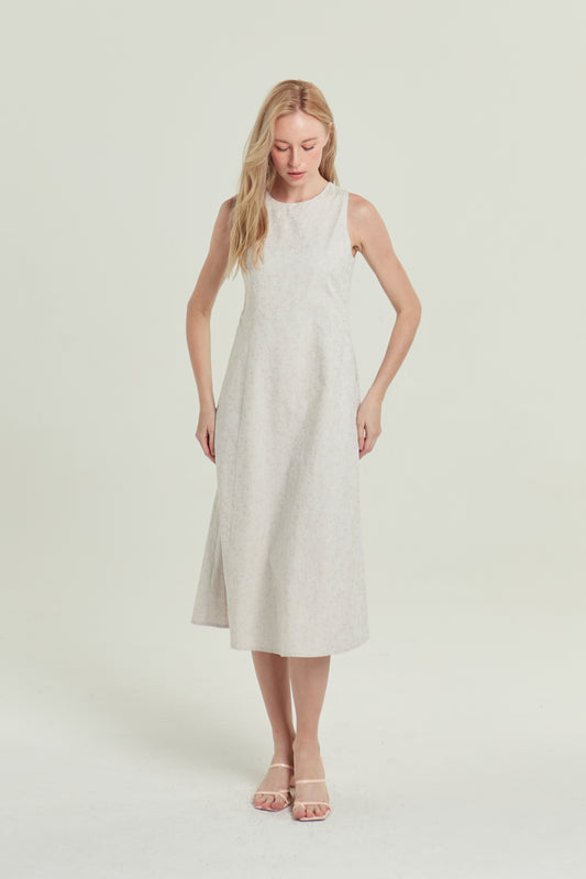 Column Midi Tea Dress in Floral Jacquard - Dusty Cream