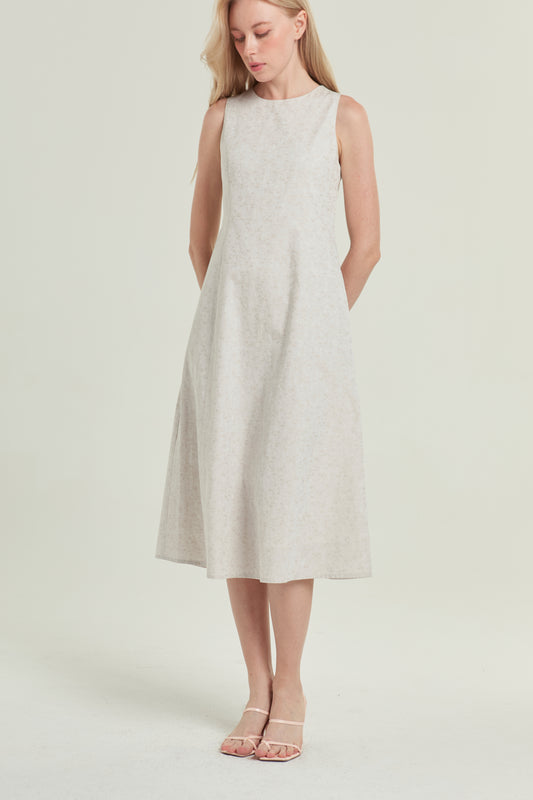 Column Midi Tea Dress in Floral Jacquard - Dusty Cream