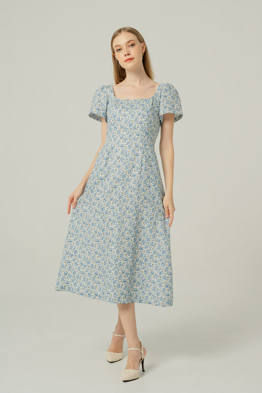 Scoop Neck A-line Tea Dress - Garden Print