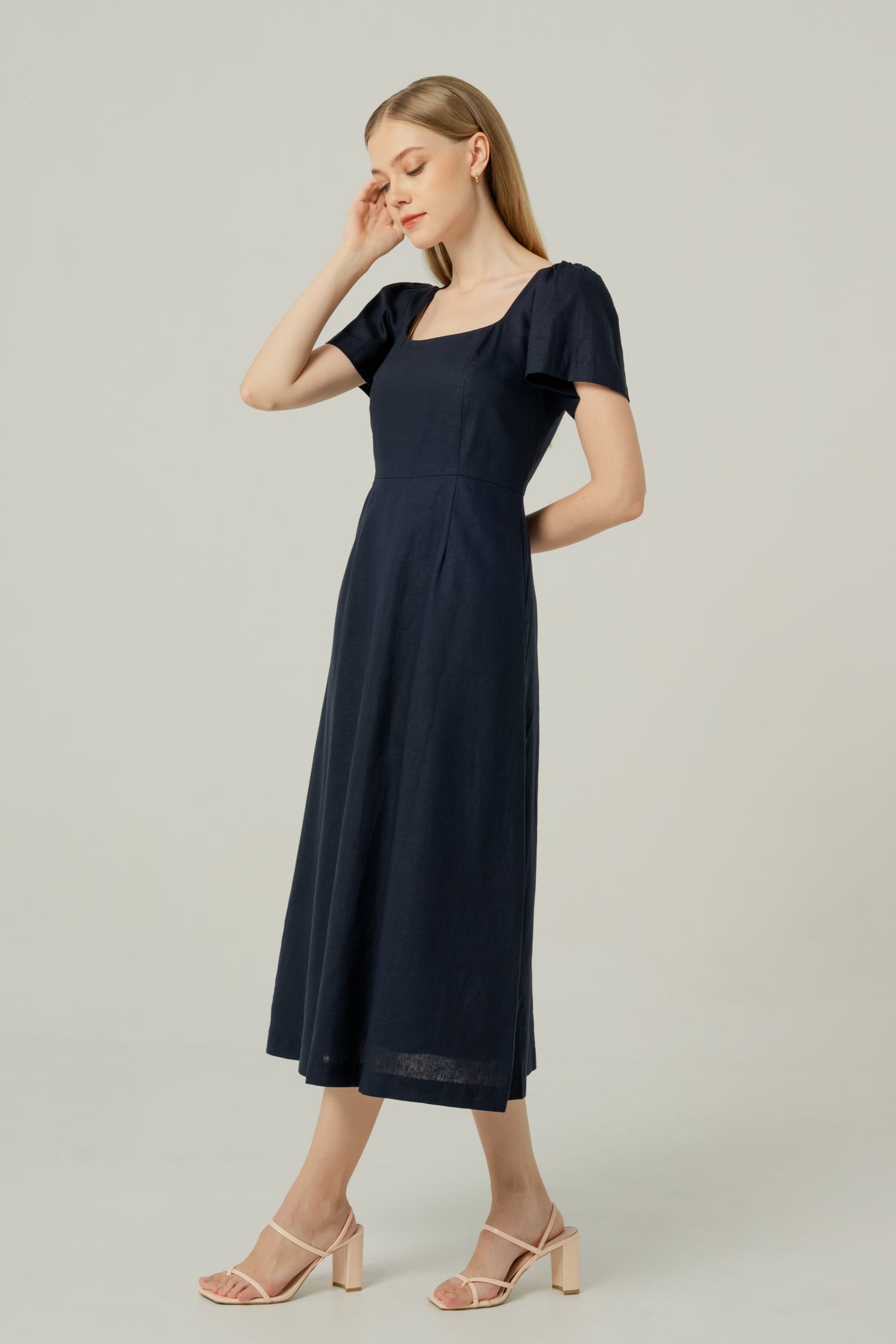 Scoop Neck A-line Tea Dress - Navy