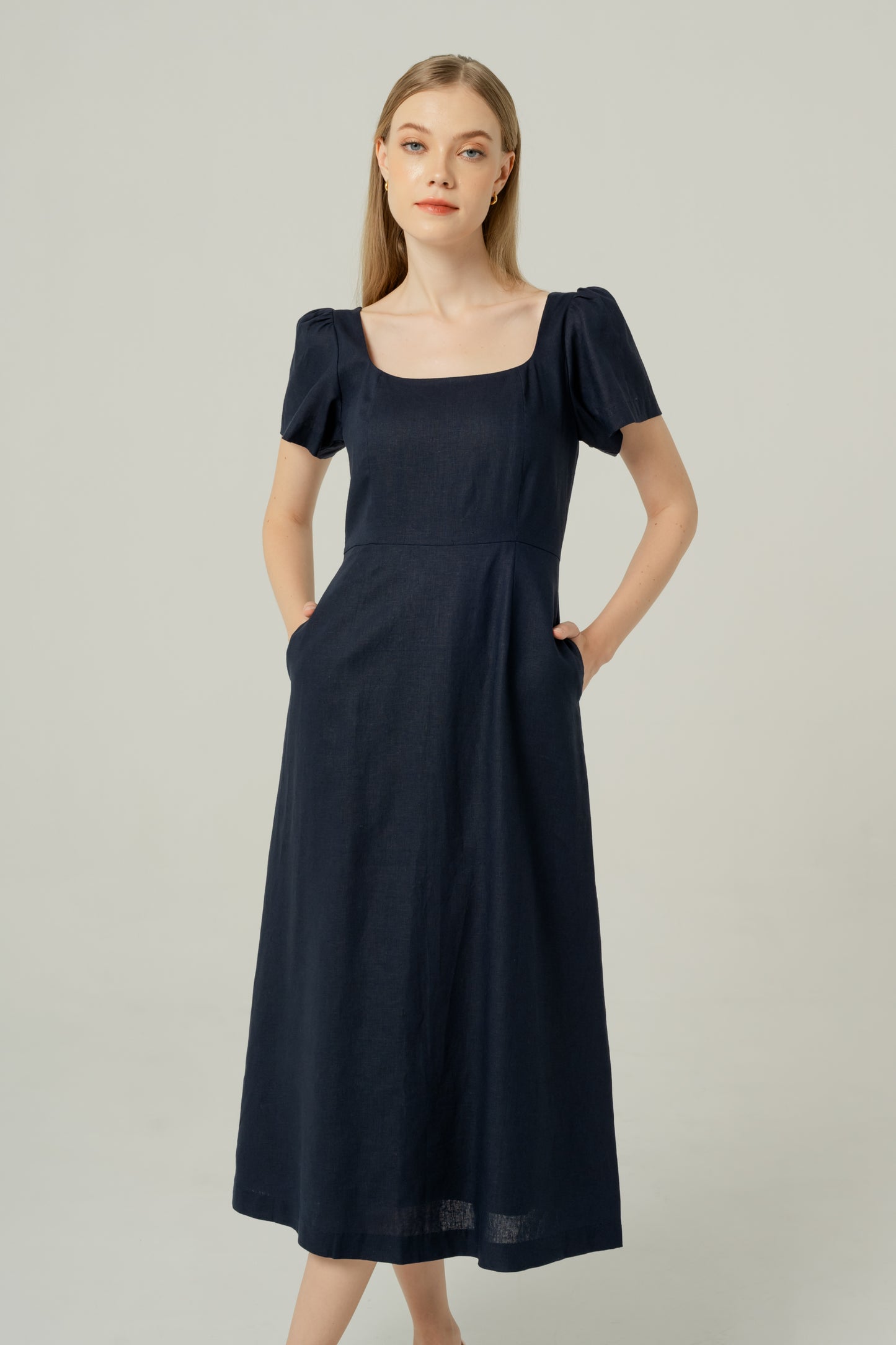 Scoop Neck A-line Tea Dress - Navy