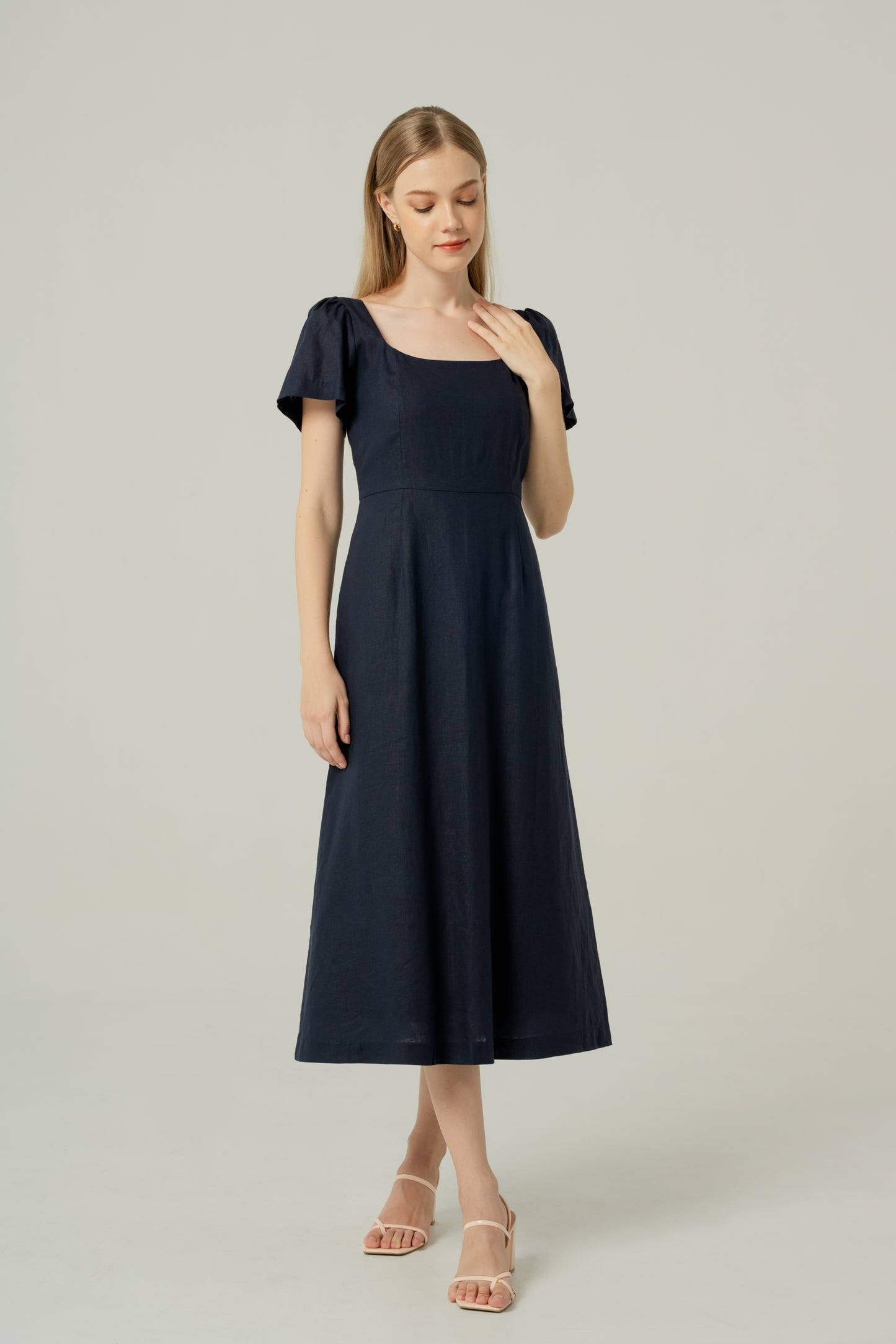 Scoop Neck A-line Tea Dress - Navy