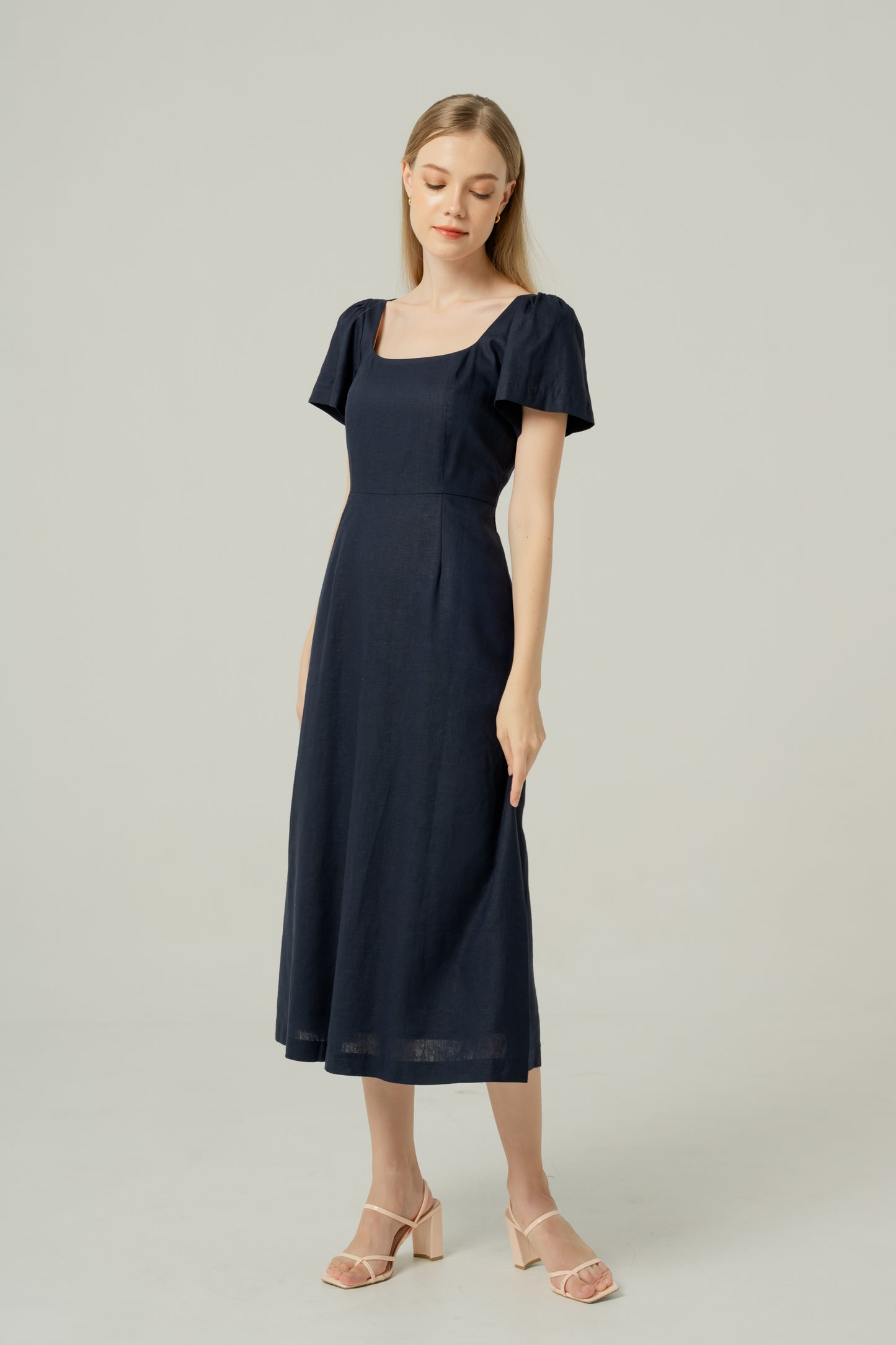 Scoop Neck A-line Tea Dress - Navy