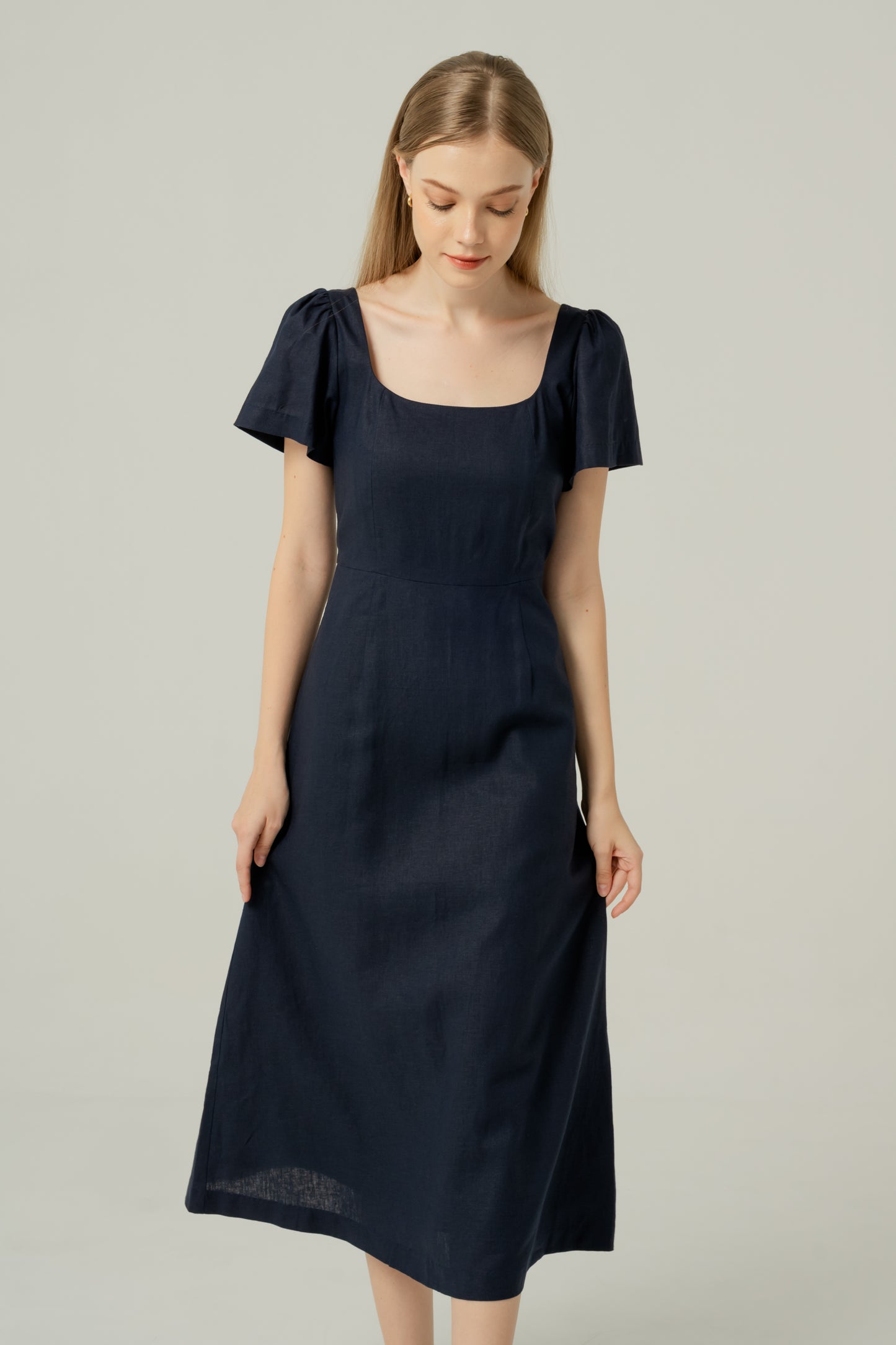 Scoop Neck A-line Tea Dress - Navy