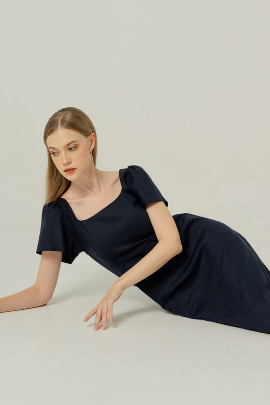 Scoop Neck A-line Tea Dress - Navy