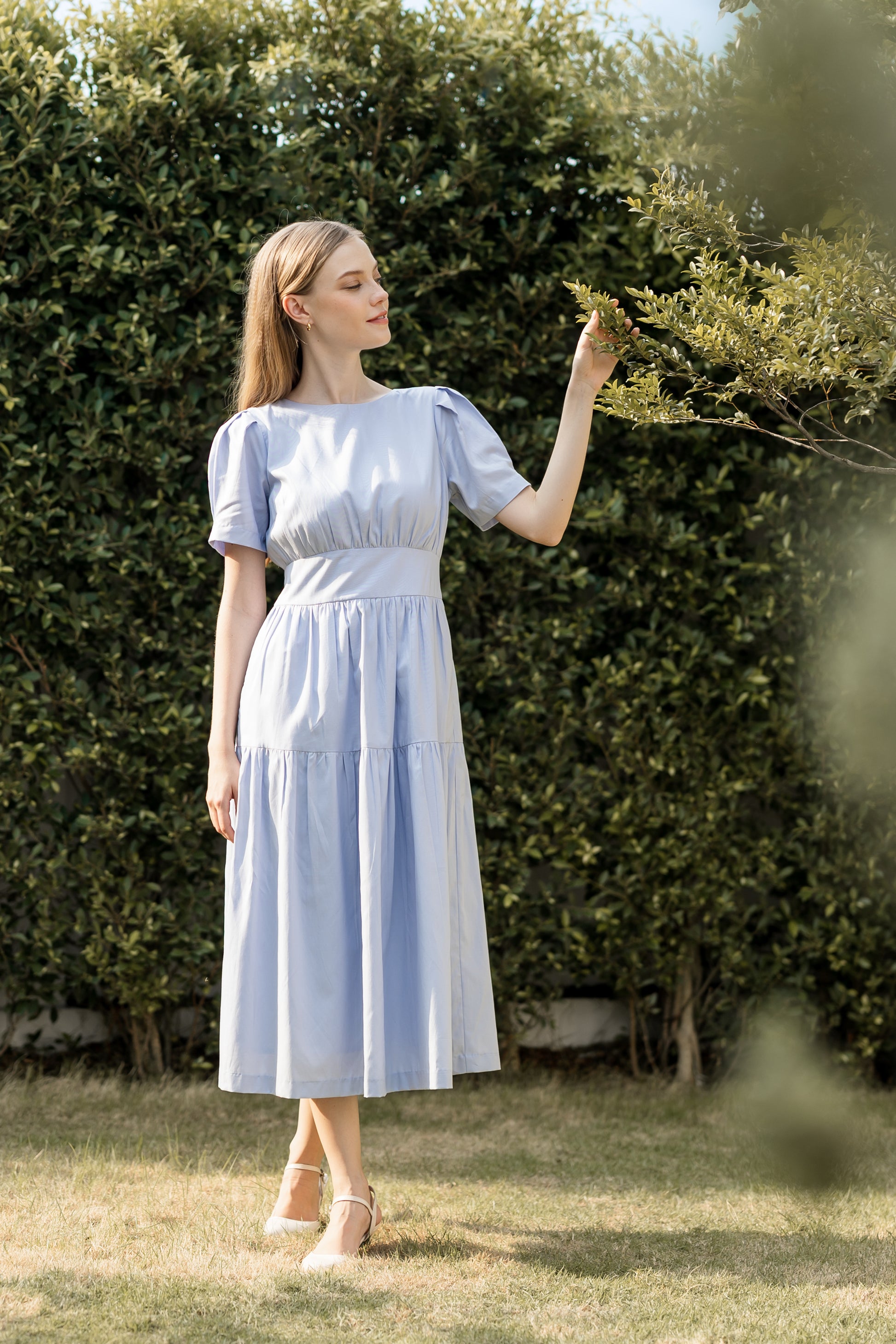 Tencel-Cotton Tie-Back Tiered Dress - Powder Blue Rosylee Tencel-Cotton Tie-Back Tiered Dress - Powder Blue Rosylee