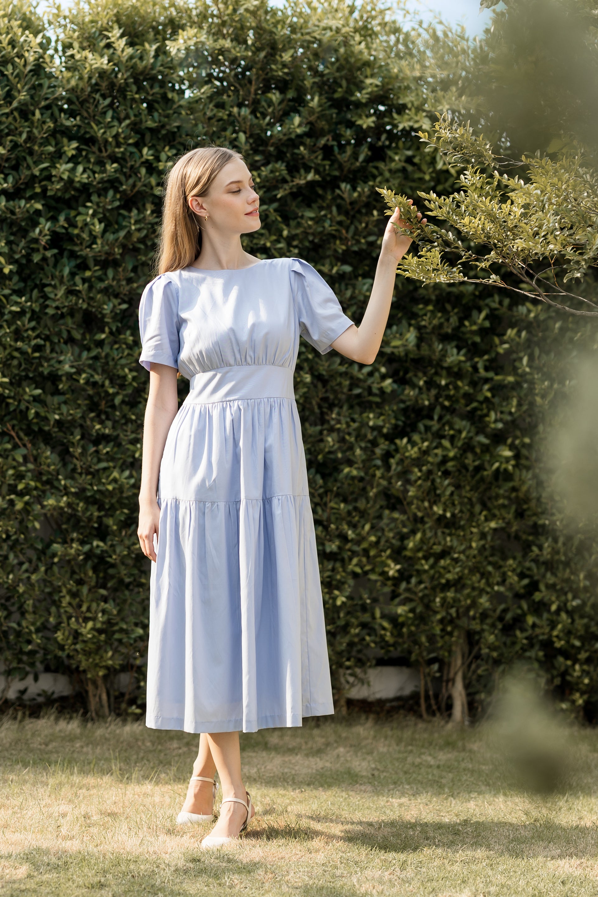 Tencel-Cotton Tie-Back Tiered Dress - Powder Blue  Rosylee