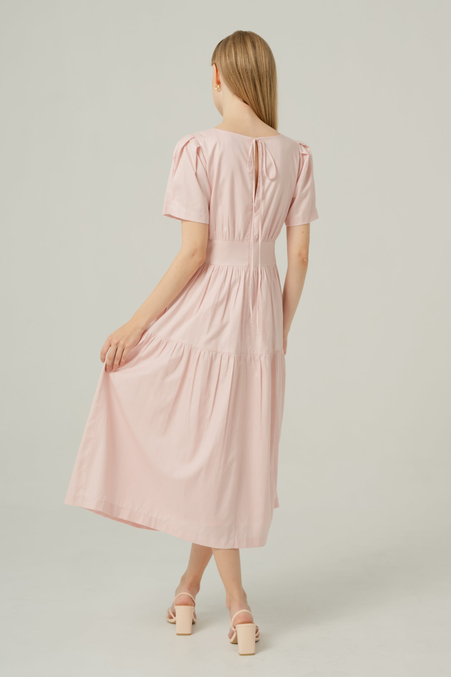 Tencel-Cotton Tie-Back Tiered Dress - Powder Pink