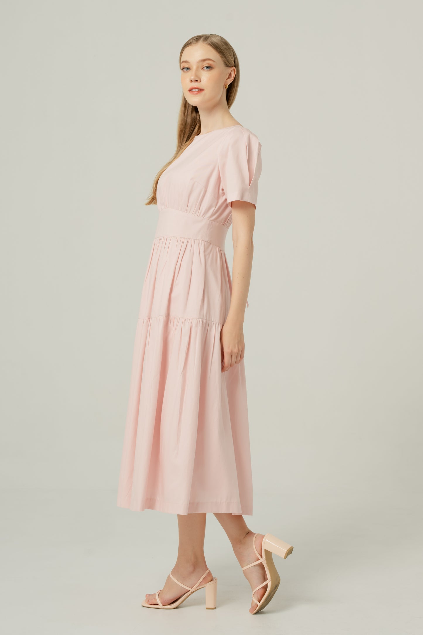 Tencel-Cotton Tie-Back Tiered Dress - Powder Pink