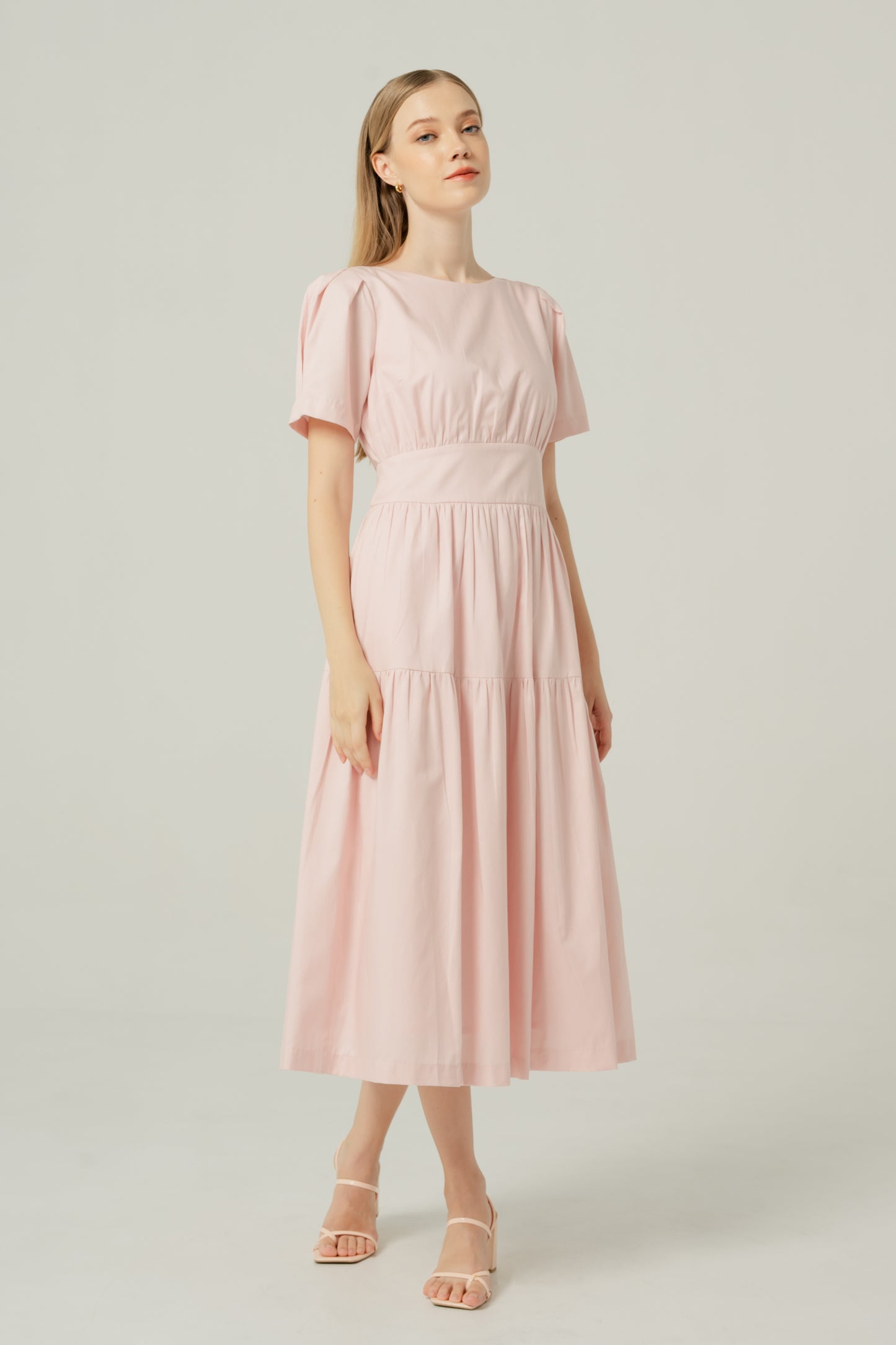 Tencel-Cotton Tie-Back Tiered Dress - Powder Pink