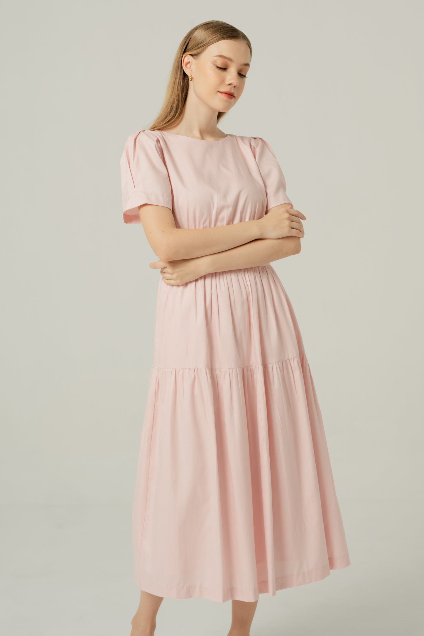 Tencel-Cotton Tie-Back Tiered Dress - Powder Pink