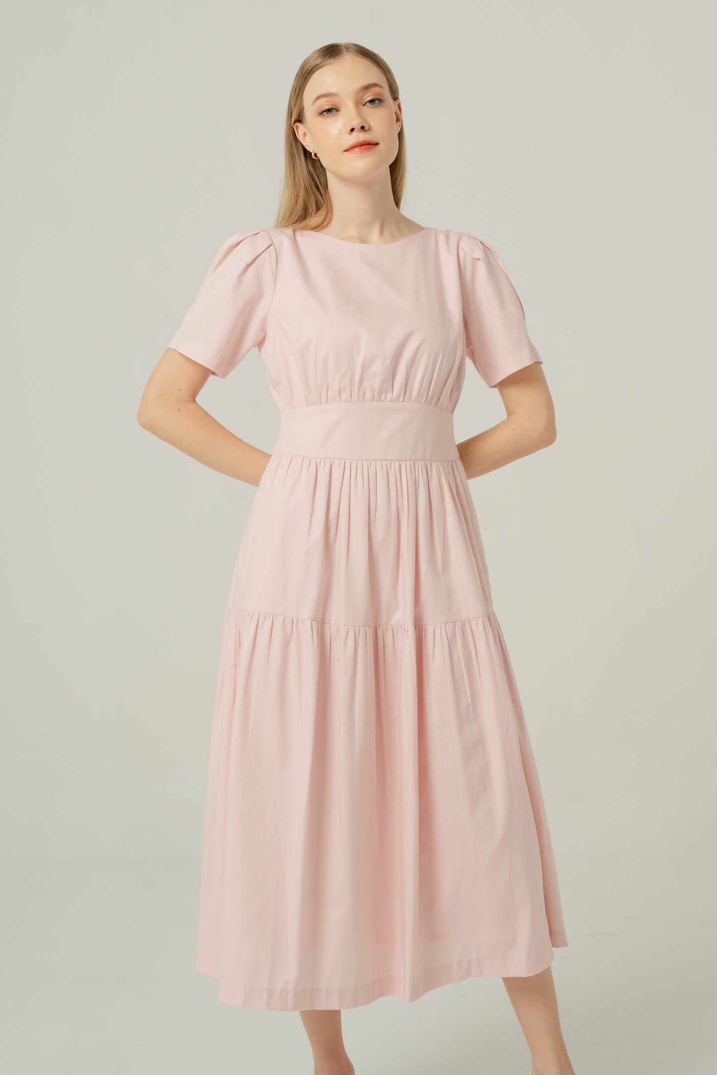 Tencel-Cotton Tie-Back Tiered Dress - Powder Pink