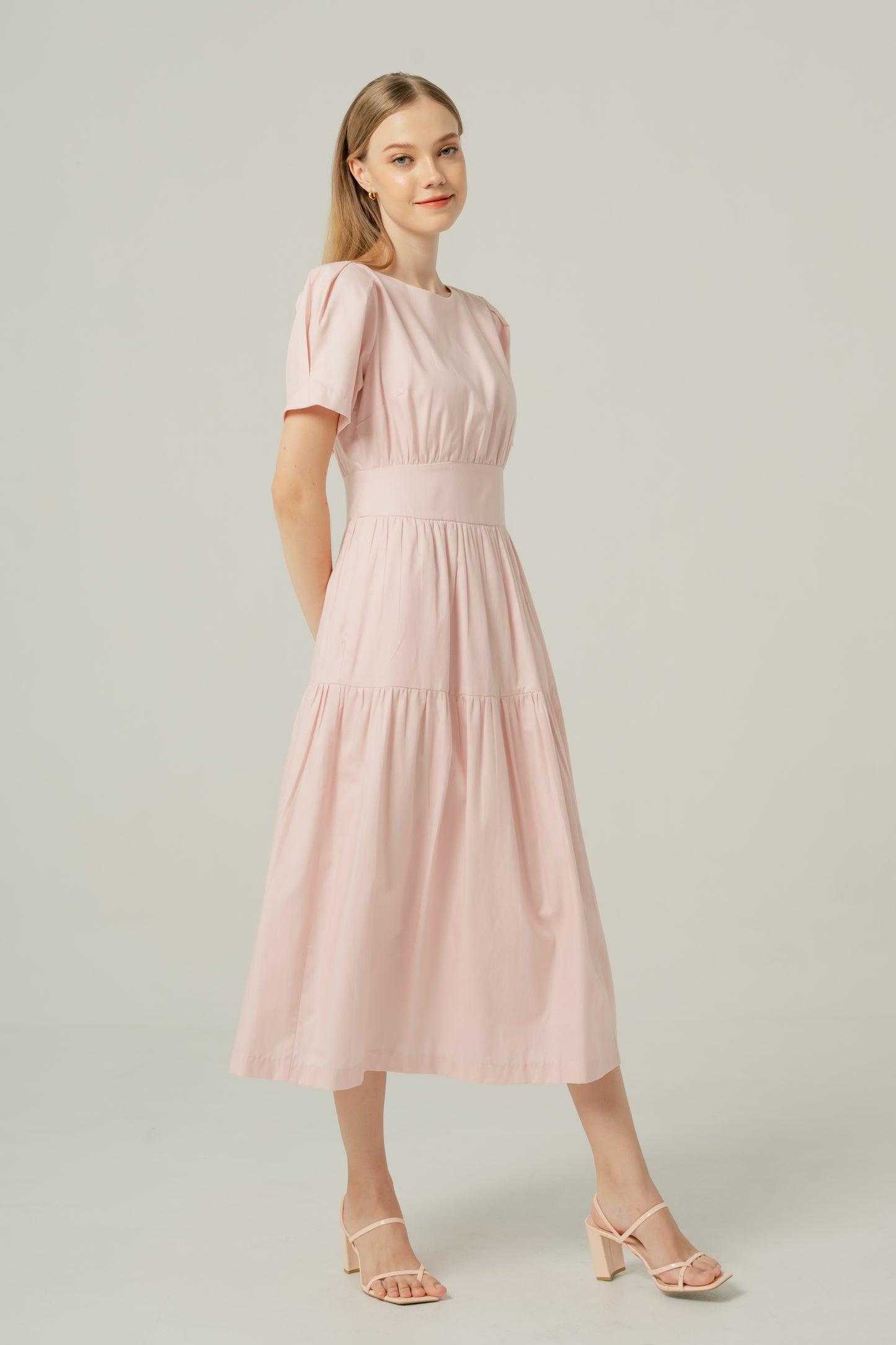 Tencel-Cotton Tie-Back Tiered Dress - Powder Pink