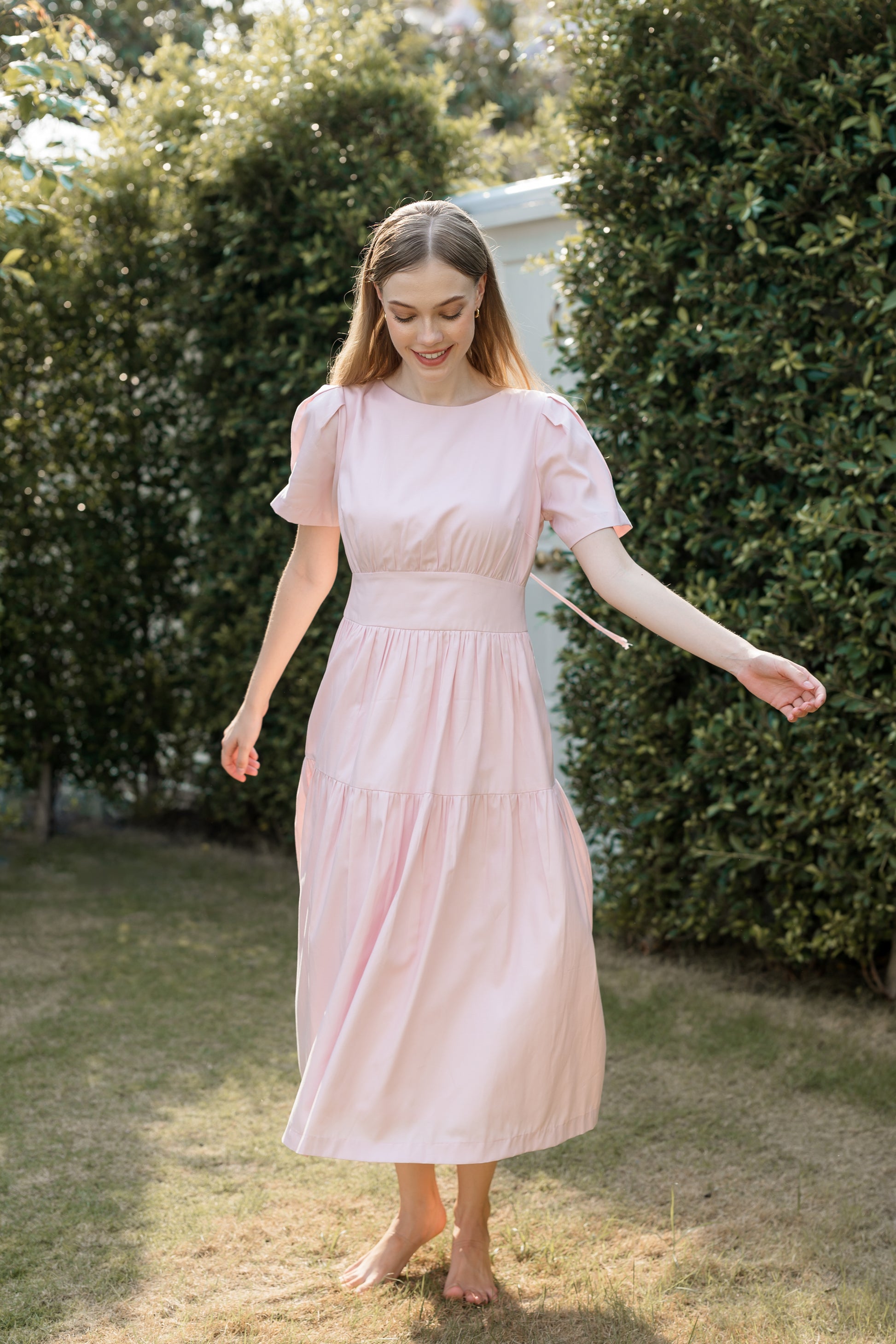 Tencel-Cotton Tie-Back Tiered Dress - Powder Pink Rosylee Tencel-Cotton Tie-Back Tiered Dress - Powder Pink Rosylee