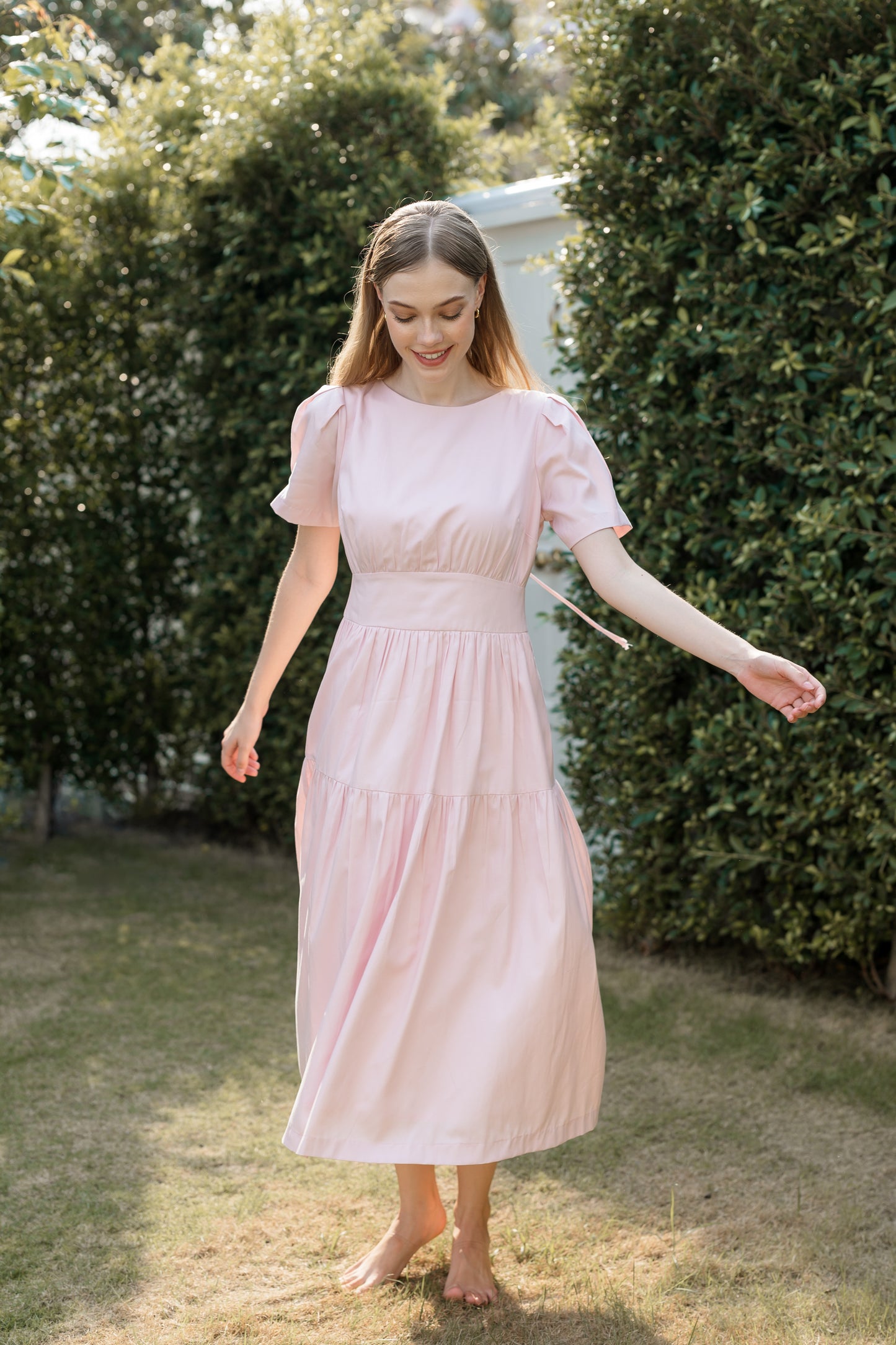 Tencel-Cotton Tie-Back Tiered Dress - Powder Pink