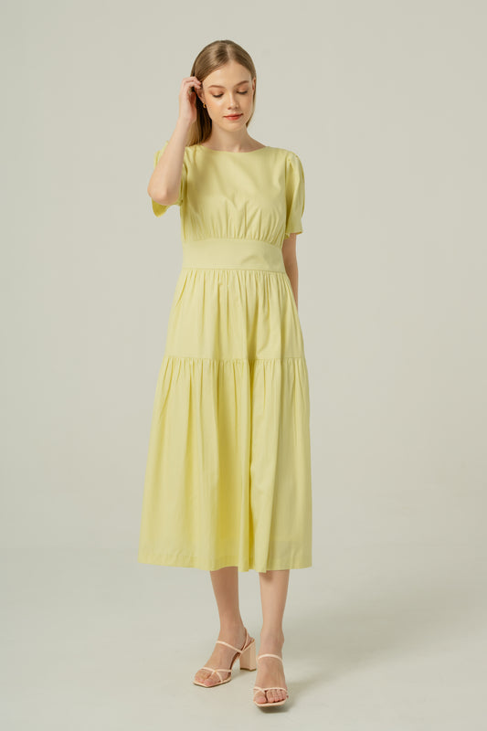 Tencel-Cotton Tie-Back Tiered Dress - Powder Yellow