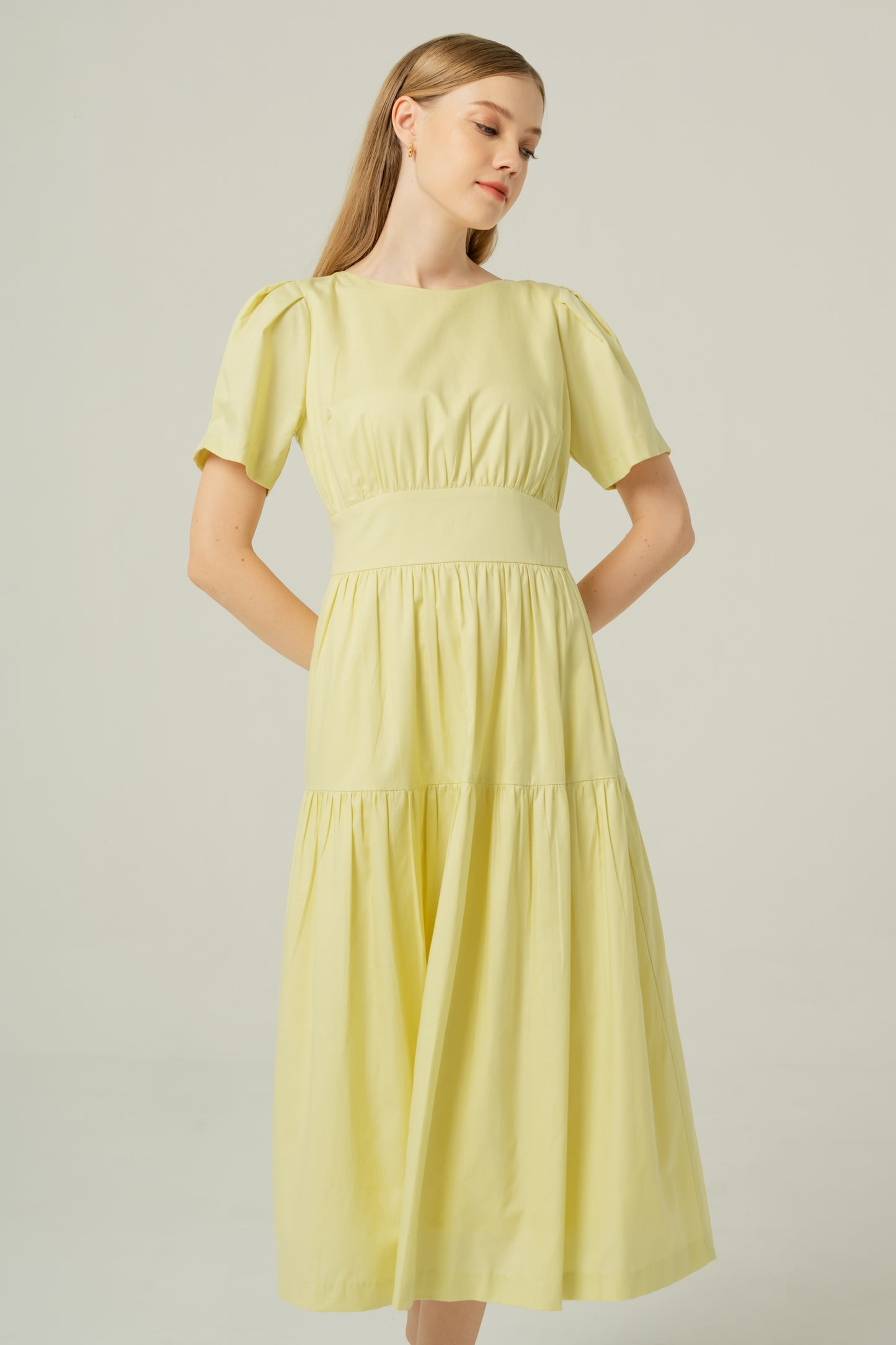 Tencel-Cotton Tie-Back Tiered Dress - Powder Yellow