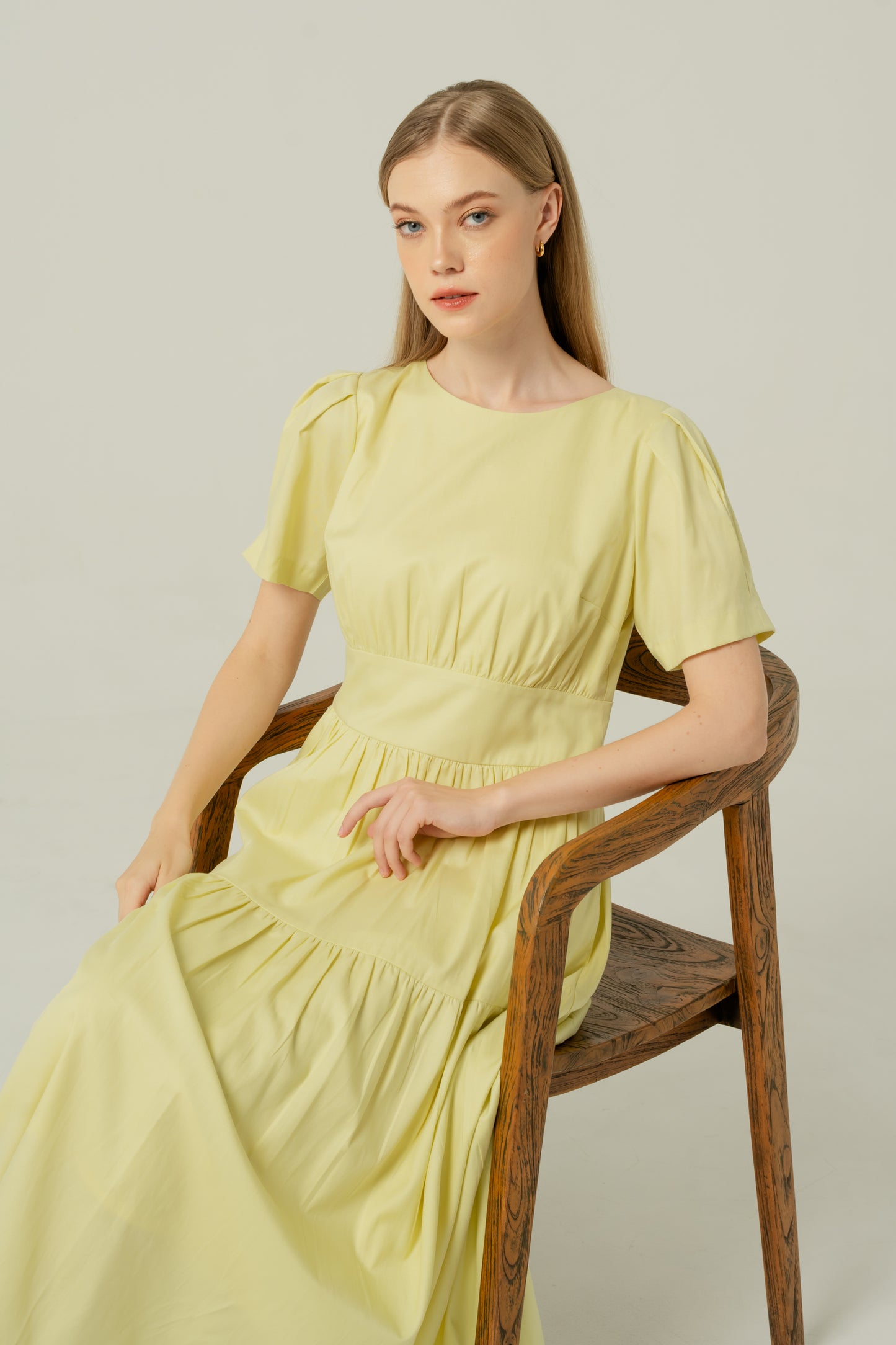 Tencel-Cotton Tie-Back Tiered Dress - Powder Yellow