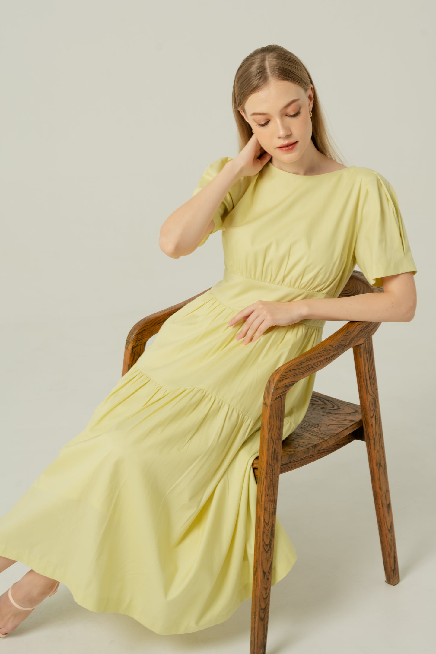 Tencel-Cotton Tie-Back Tiered Dress - Powder Yellow